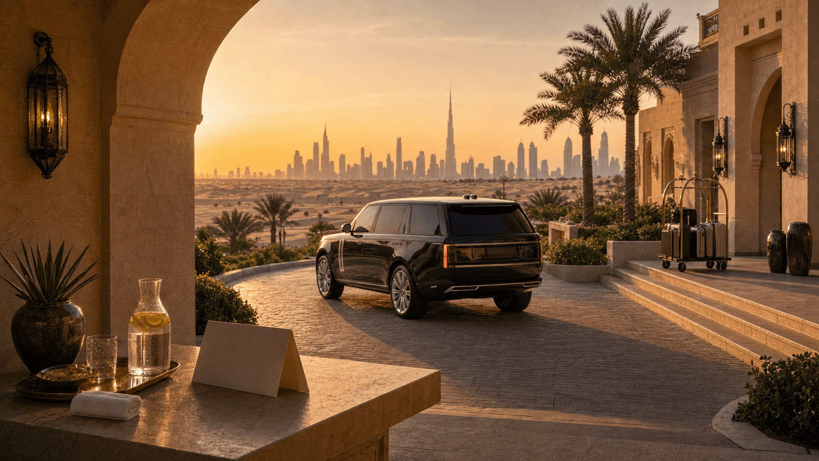 Dubai luxury arrival atmosphere with skyline, limestone architecture, and room-category cues.