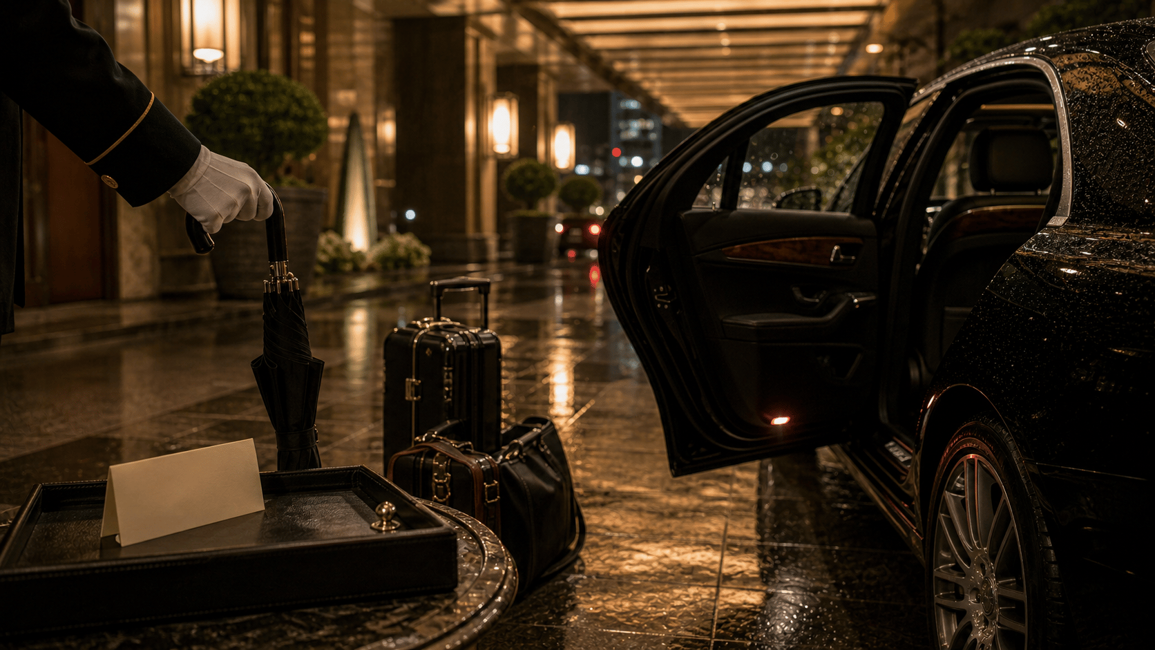 Private ground-transfer arrival with chauffeur handoff, vehicle, umbrella, and luggage coordination cues.