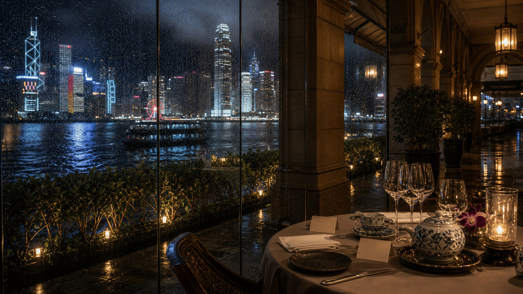 Hong Kong harbor hotel atmosphere with rain glass, dining service, and city-light arrival cues.