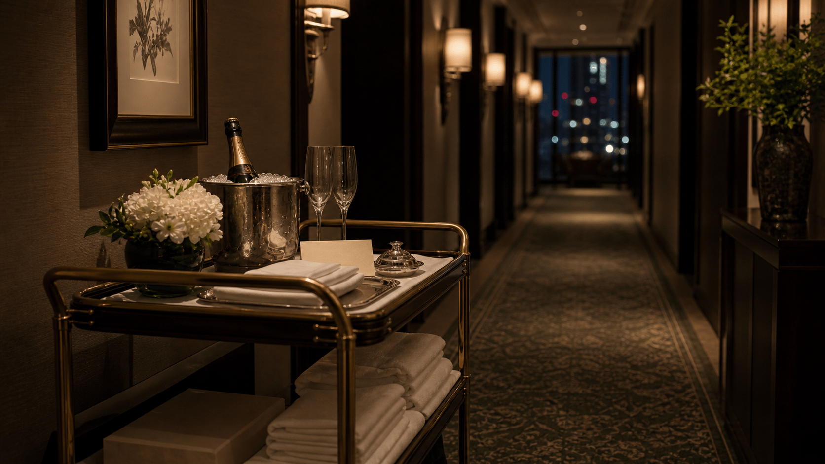 In-stay concierge corridor service with pressed linen, dining timing, and discreet hospitality details.