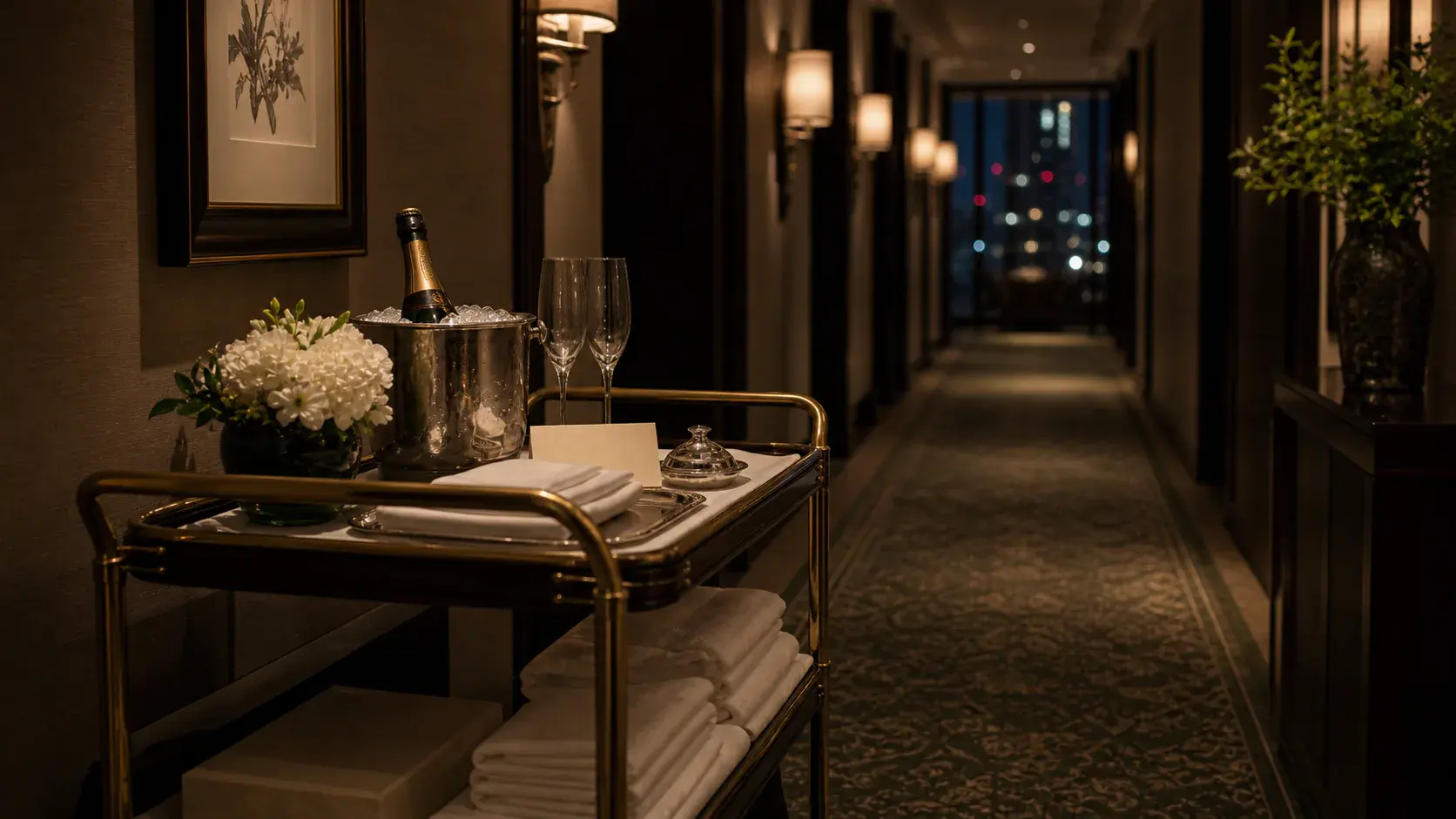 In-stay concierge corridor service with pressed linen, dining timing, and discreet hospitality details.