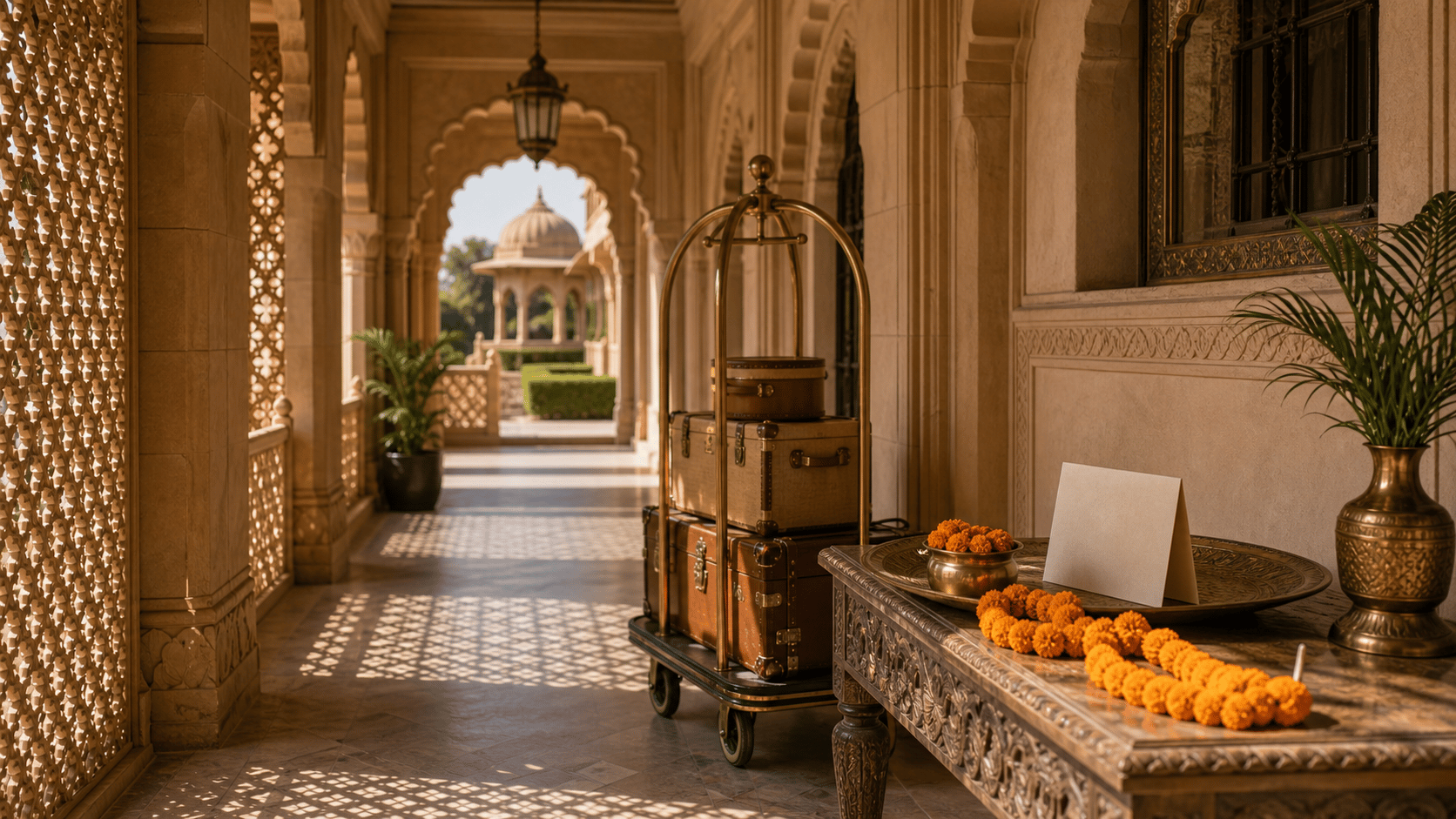 India palace-circuit arrival with Golden Triangle, Udaipur, wilderness, and transfer atmosphere.