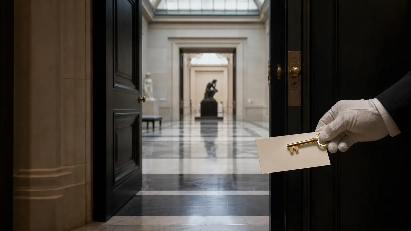 Closed cultural venue threshold with service detail, quiet access, and private-experience atmosphere.