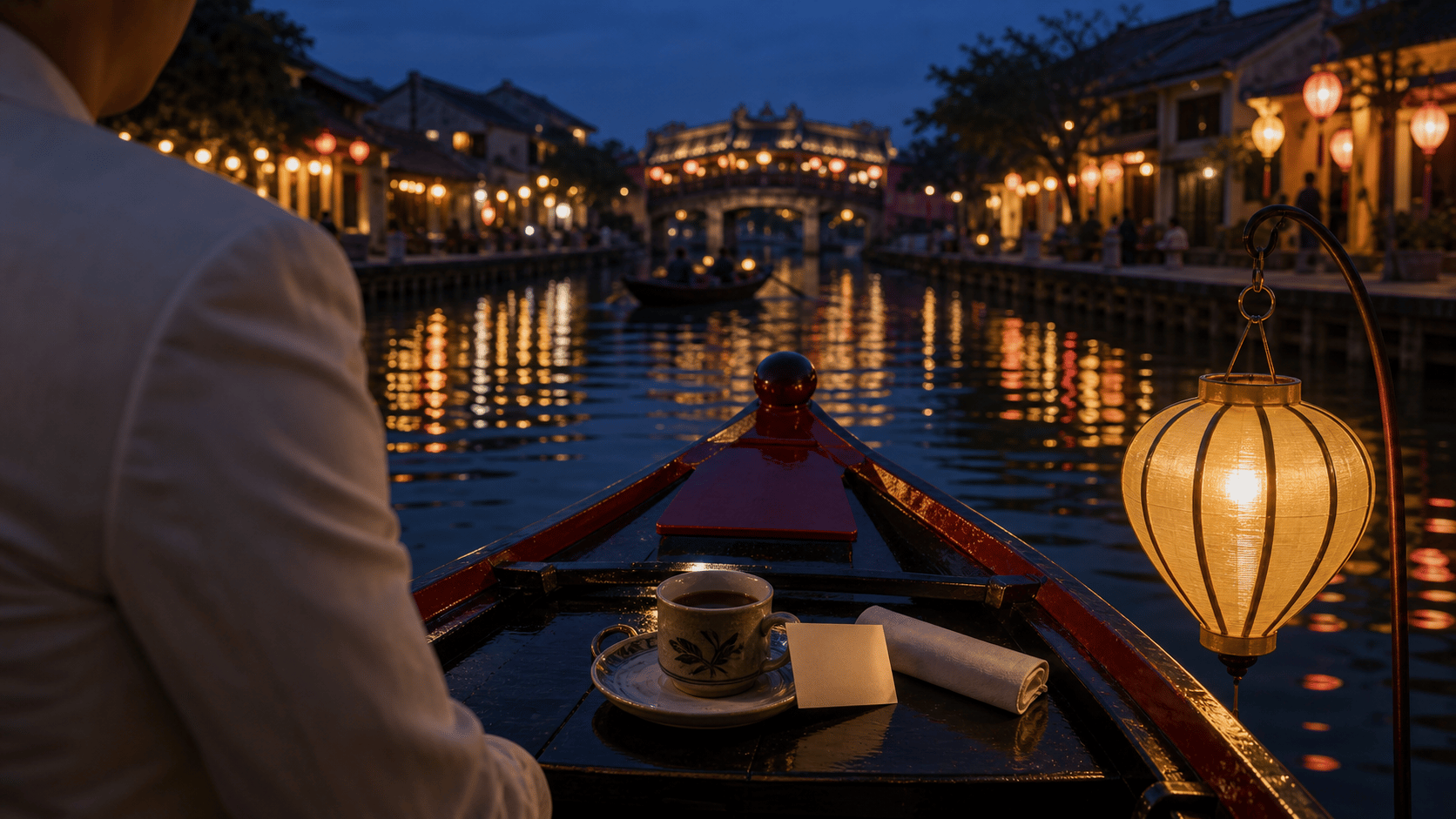 Vietnam north-to-south journey atmosphere with Hanoi, Hoi An, Saigon, and hotel-sequence cues.