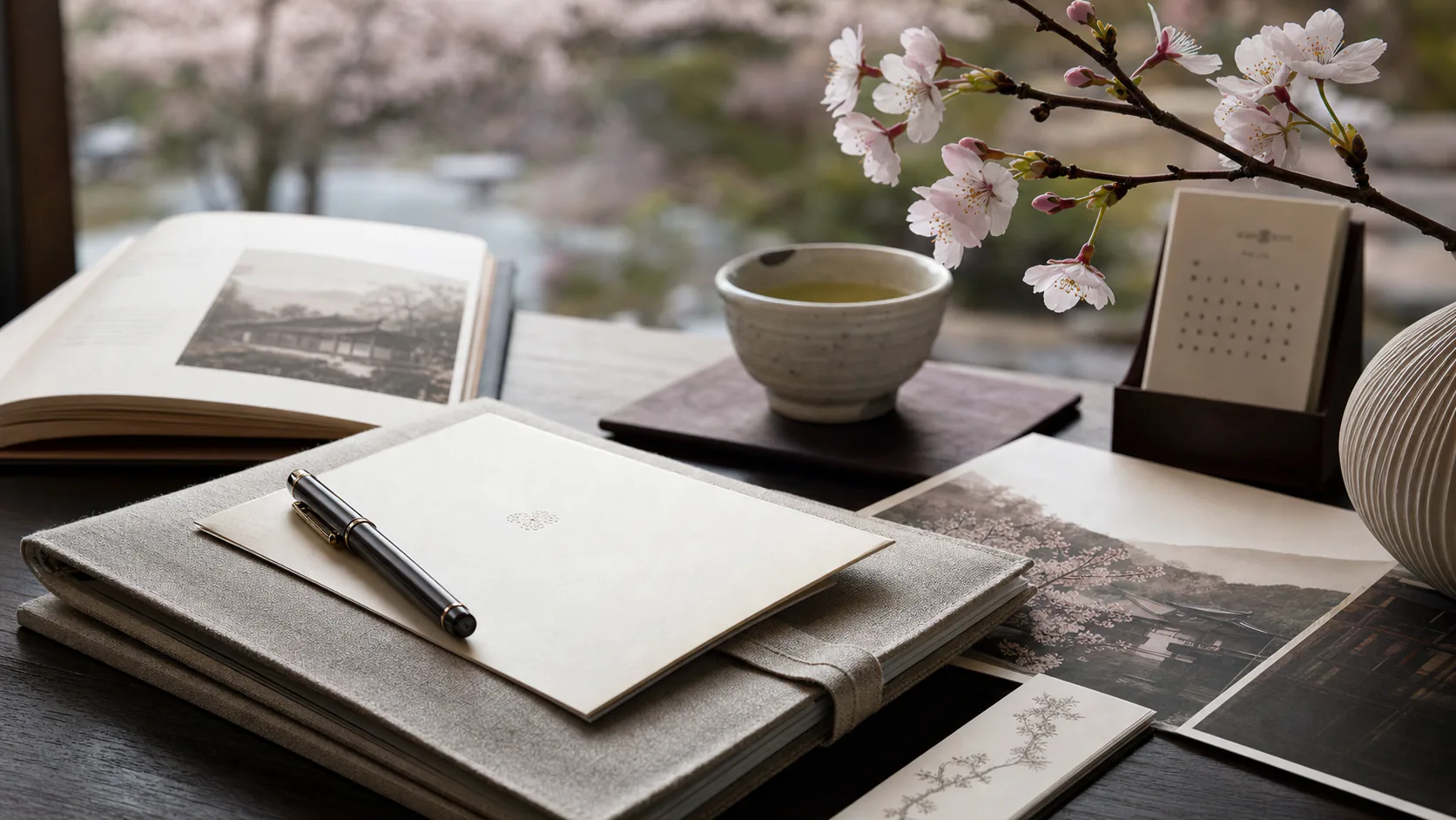 Lifelike Japan cherry blossom planning still life with linen itinerary folio, pale sakura branch, ceramic tea cup, and soft spring light.