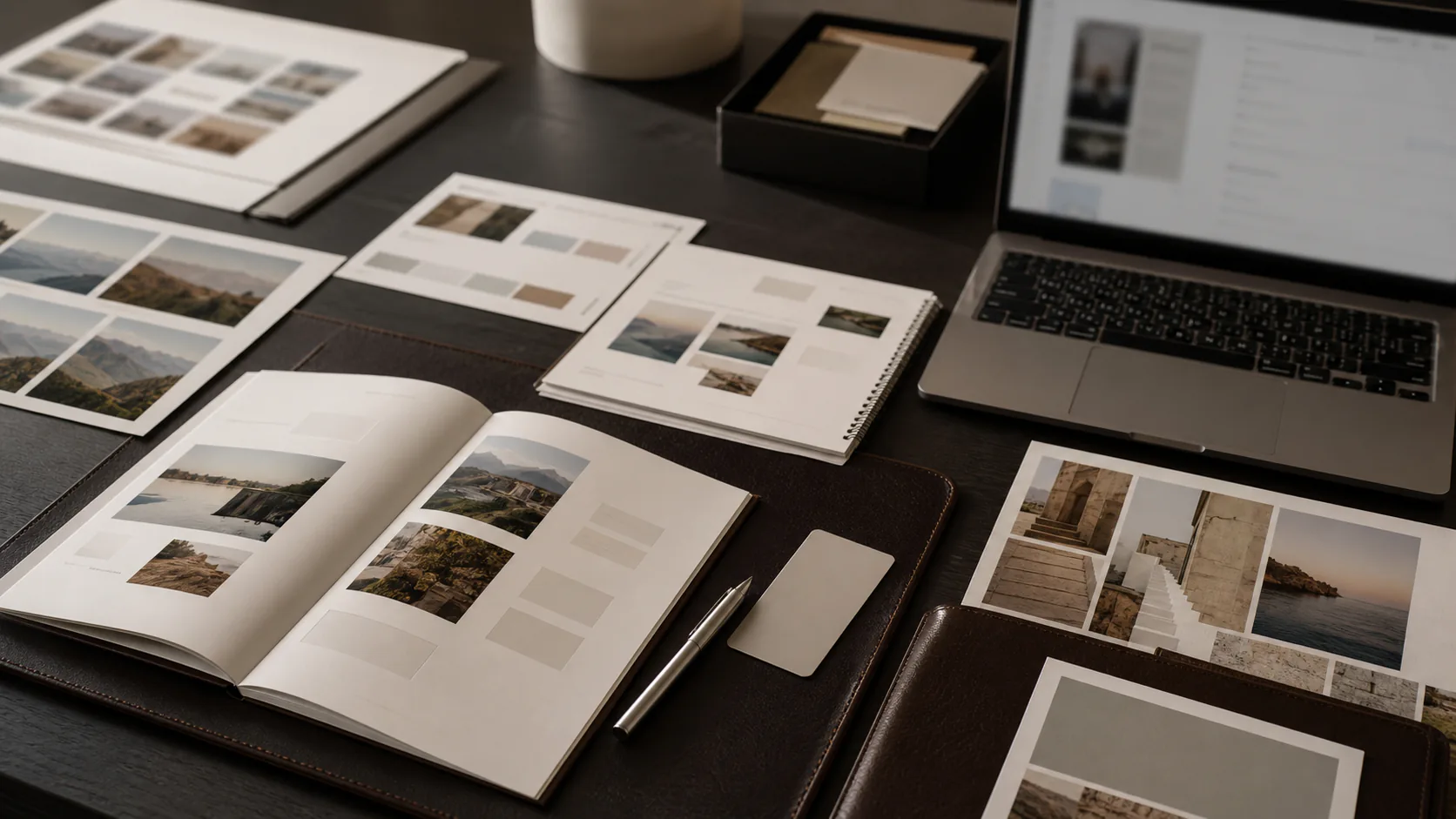 Lifelike editorial travel intelligence desk with destination contact sheets, hotel comparison materials, leather folio, silver pen, and blurred planning laptop for VIAIVE homepage.