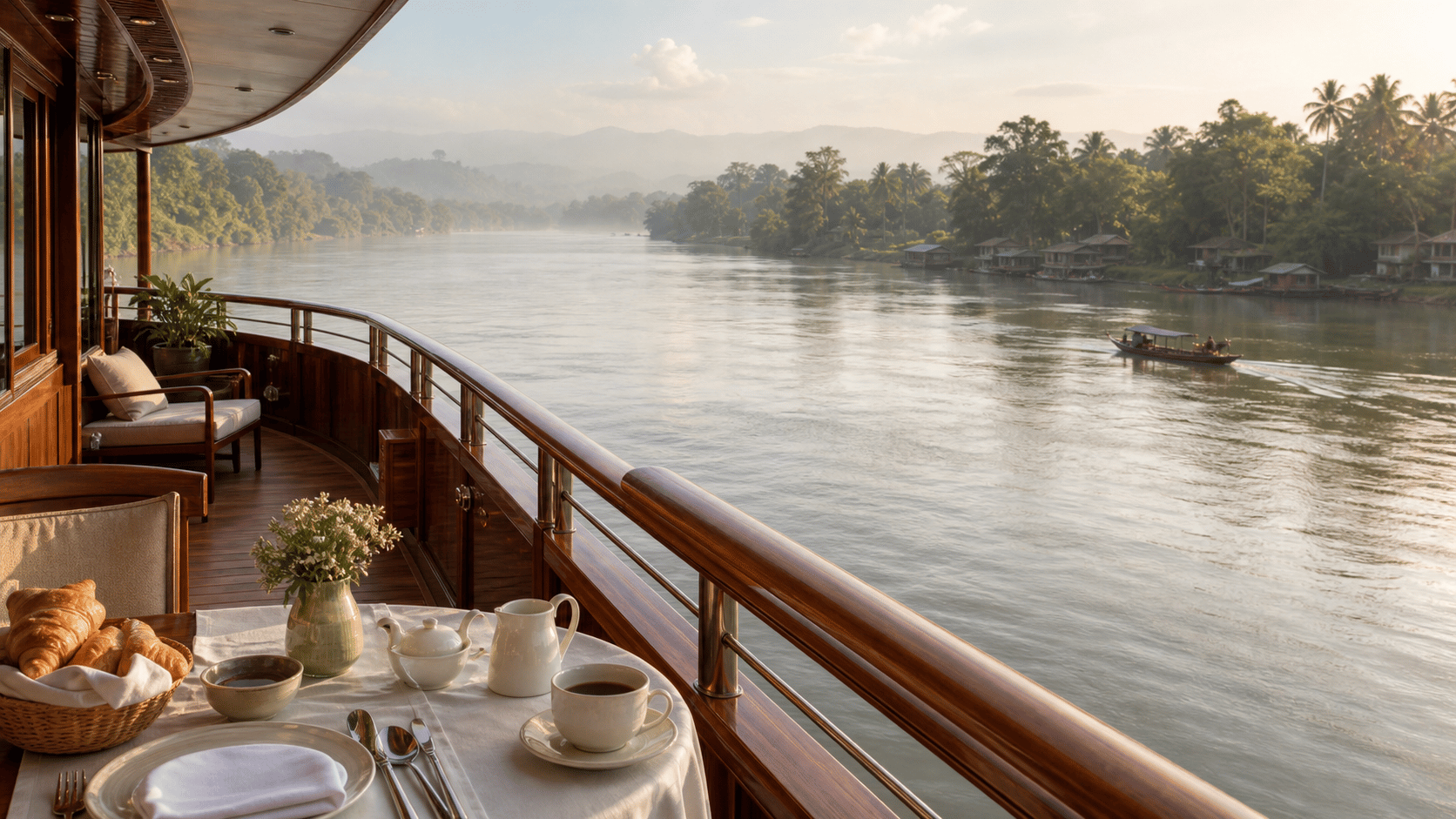 A river-and-island cruise route taken slowly through Southeast Asia — Mekong observation deck at dawn.