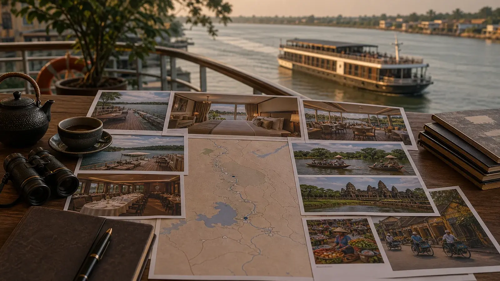 Fine dining service on deck at golden hour, route planning materials at the table.
