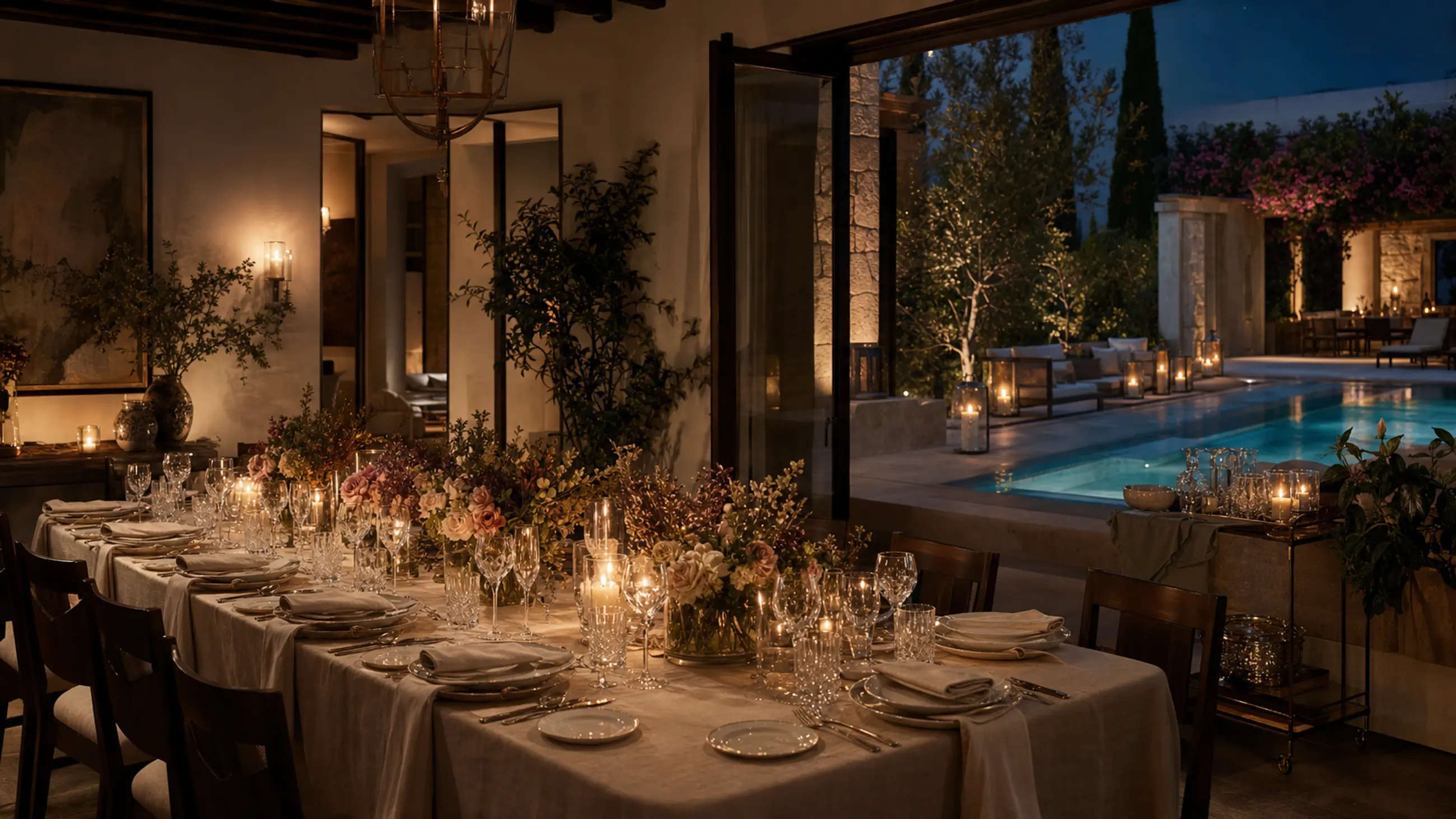 Private villa dinner beside a pool with celebration service, candlelight, and group-travel atmosphere.