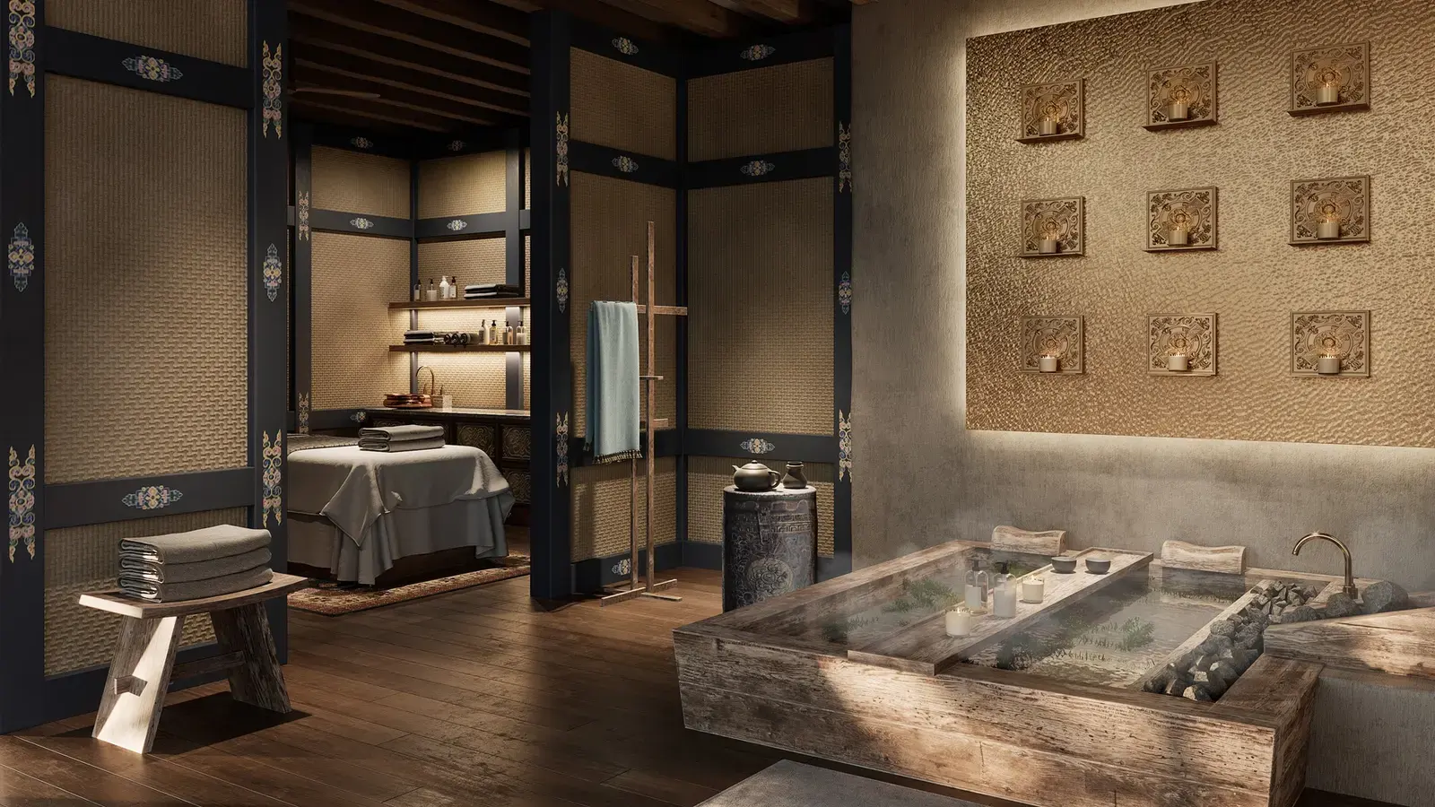 A spa treatment room at andBeyond Punakha River Lodge with a traditional Bhutanese hot-stone bath.