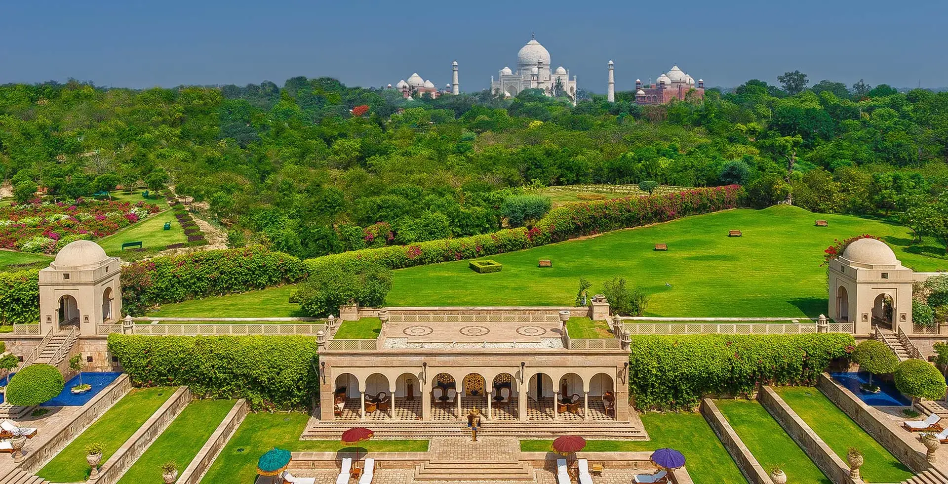 The Oberoi Amarvilas Agra with Taj Mahal view beyond the gardens