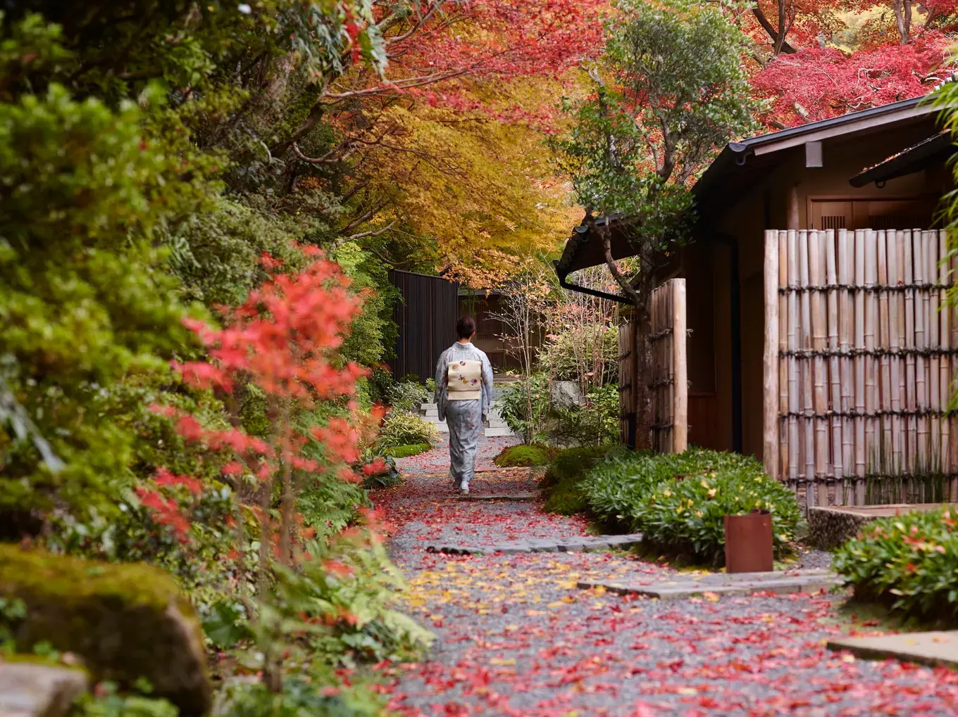 A guest walking through HOSHINOYA Kyoto's maple-lined garden path in autumn.
