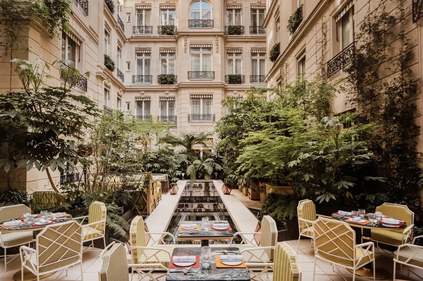 Comestibles par Paul Pairet courtyard dining in Cour Gabriel, Hotel de Crillon, Paris