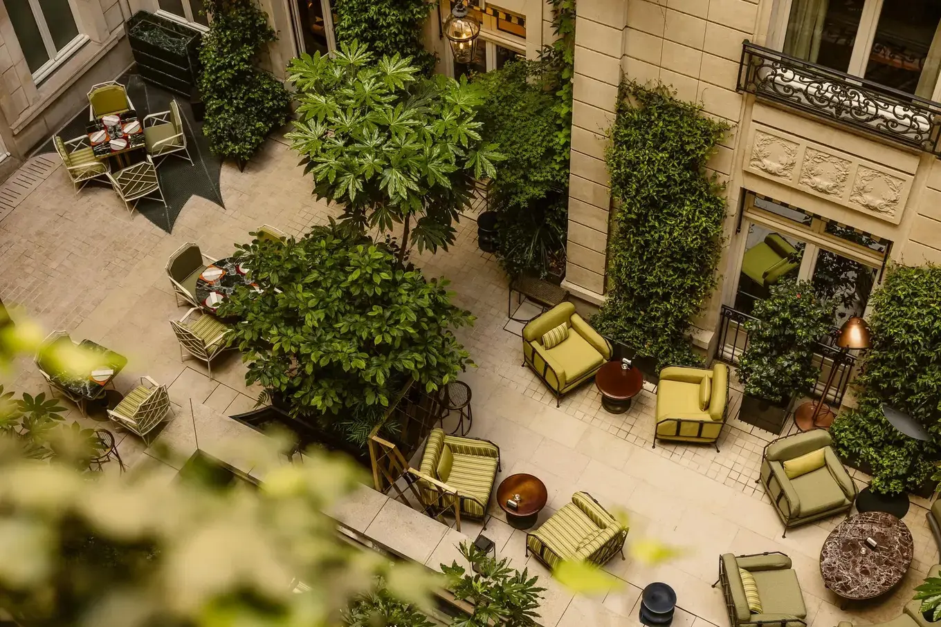 Overhead view of Cour Gabriel courtyard garden seating, Hotel de Crillon, Paris
