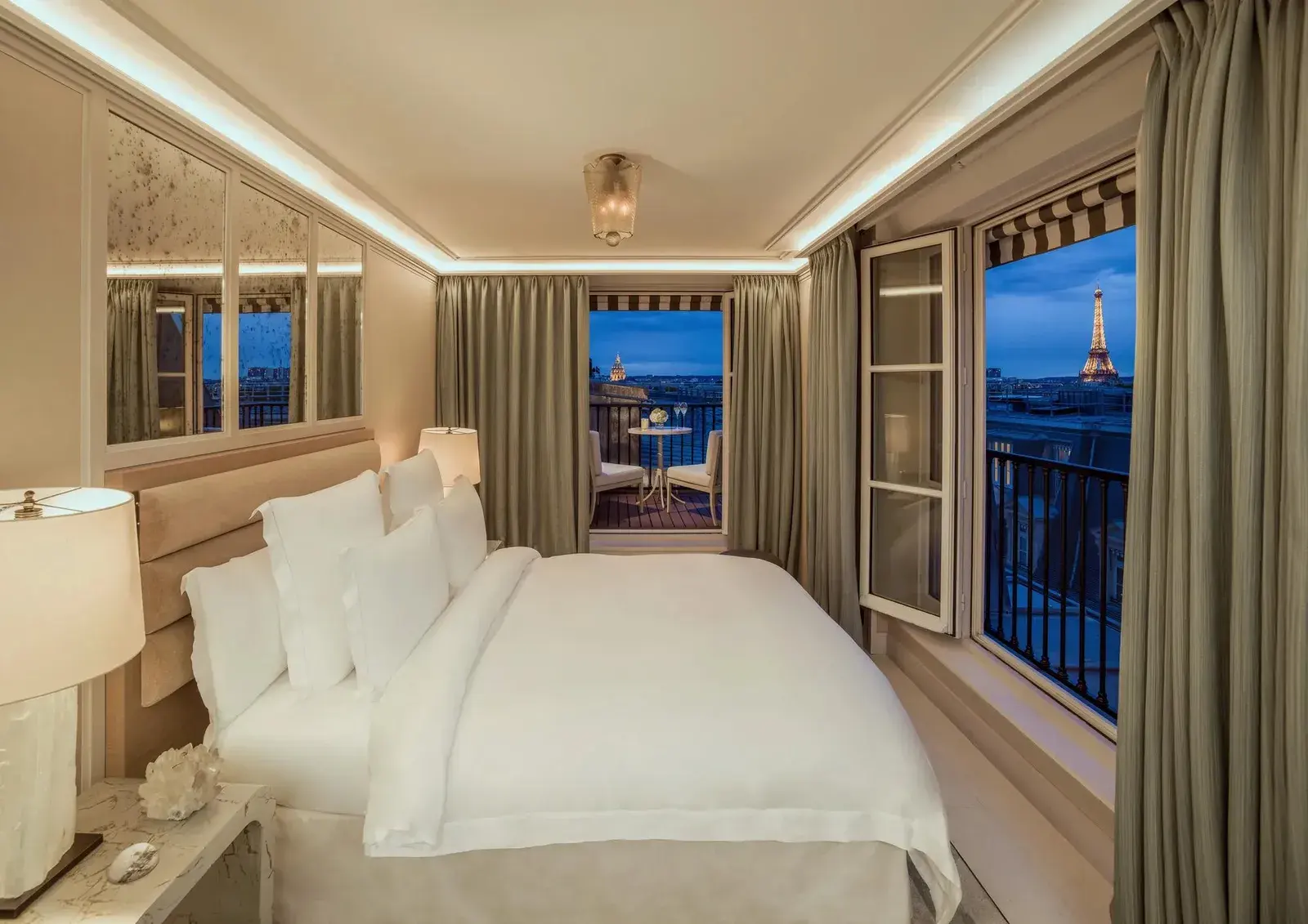 Suite Signature Le Poete bedroom with Eiffel Tower view, Hotel de Crillon, Paris