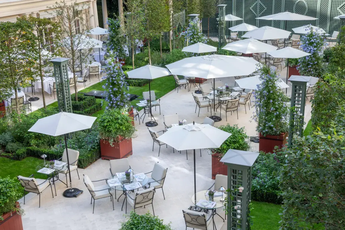 The French garden courtyard at Le Bristol Paris from above, with white parasols over glass-topped tables, clipped box hedging, lawn and green trellis columns climbing with blue plumbago