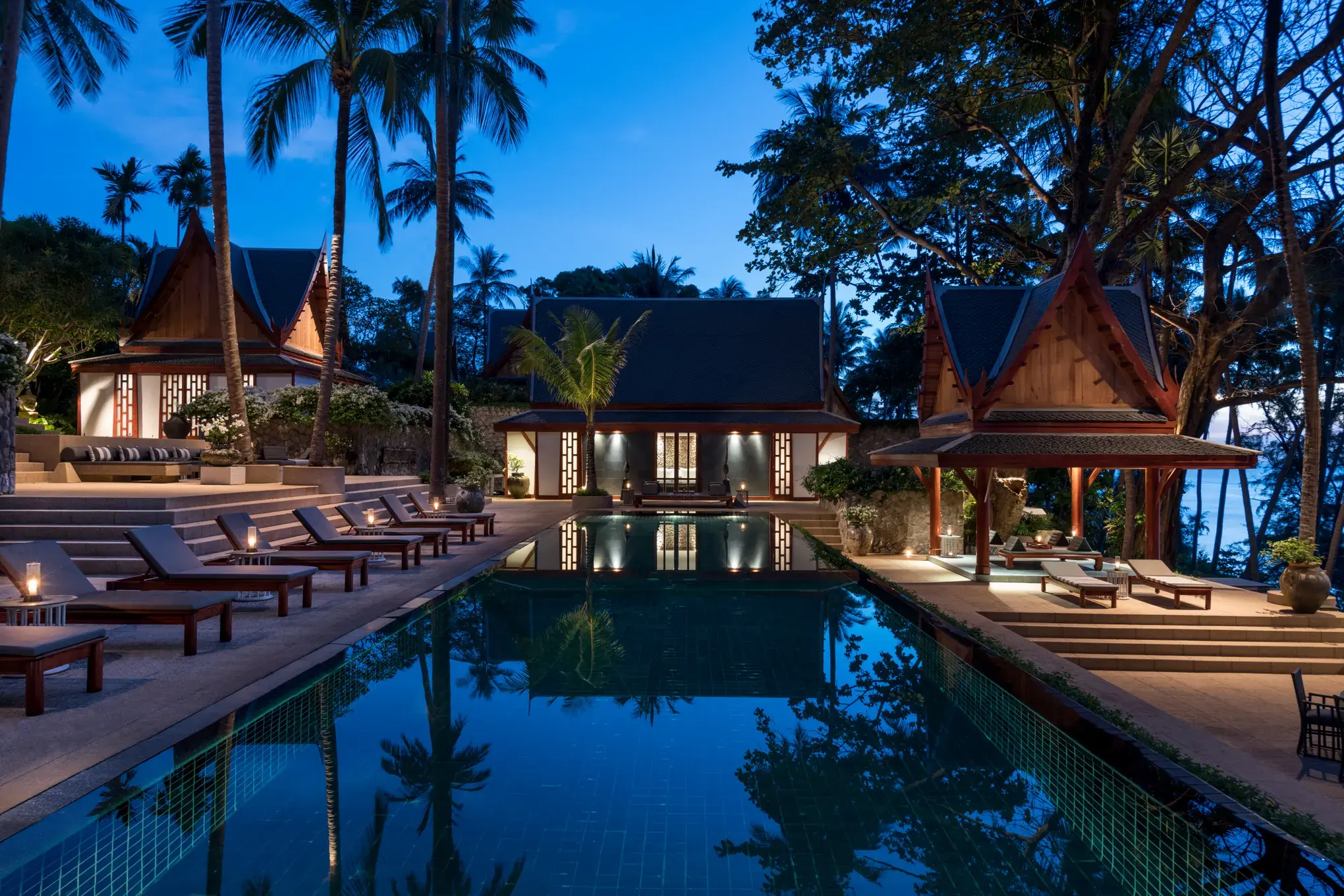 5-Bedroom Ocean Villa pool at night at Amanpuri, Phuket