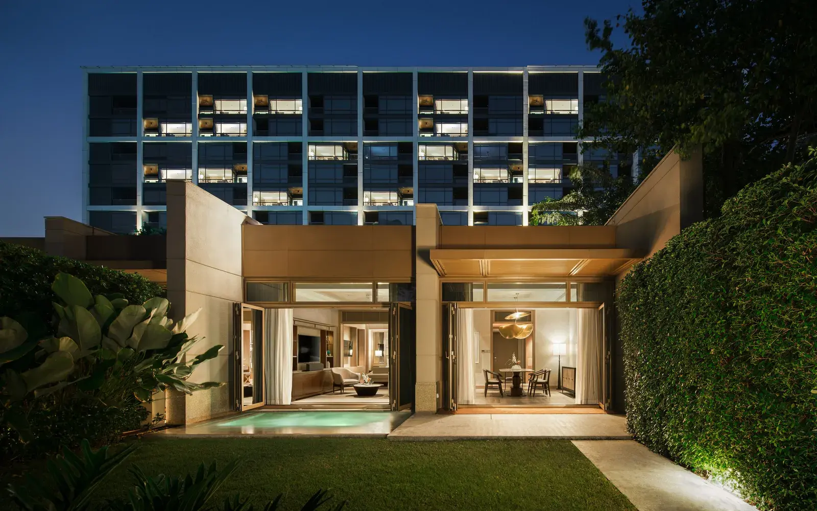 Private villa and plunge pool at night at Capella Bangkok