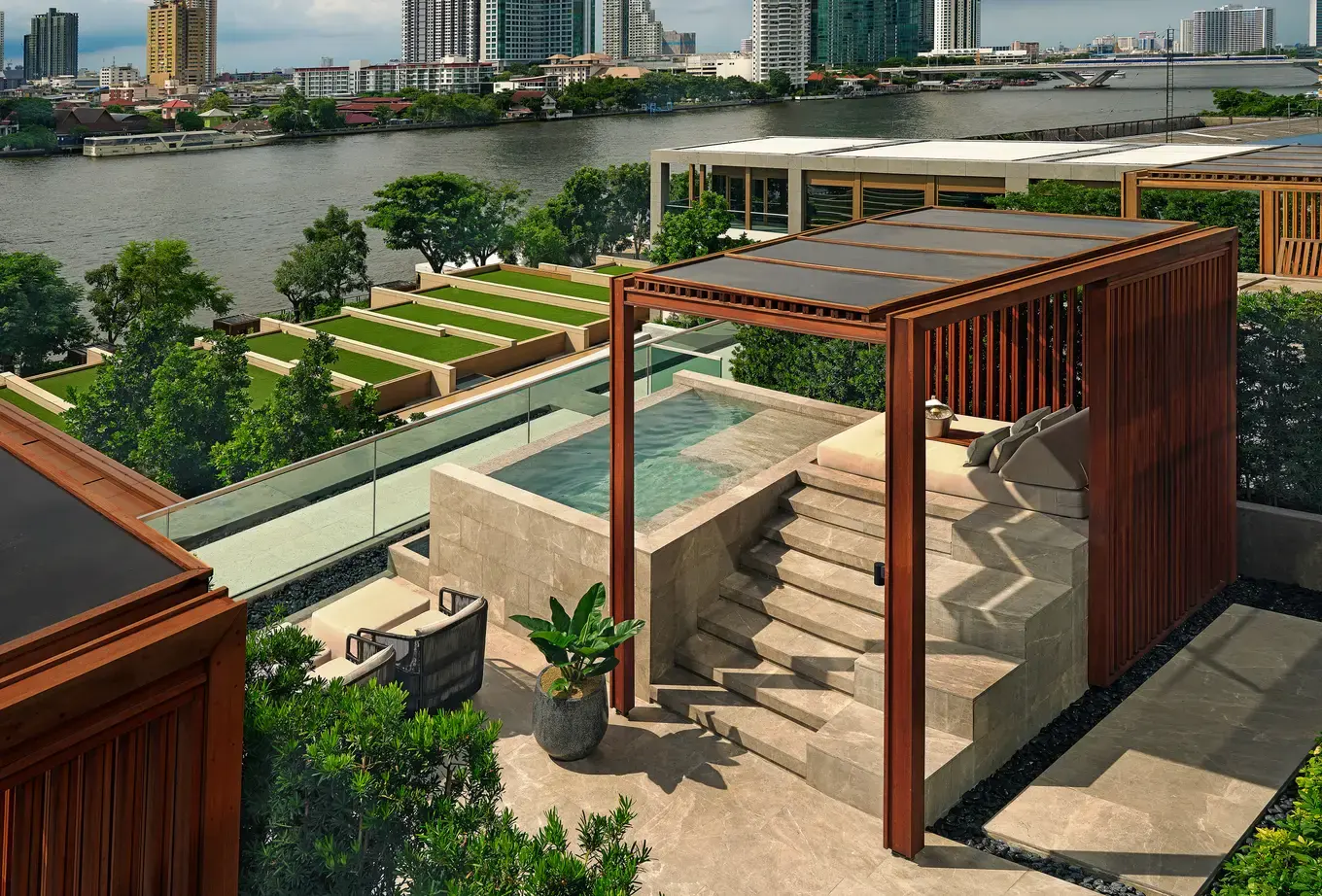 Private plunge pool and river view from a Verandah at Capella Bangkok