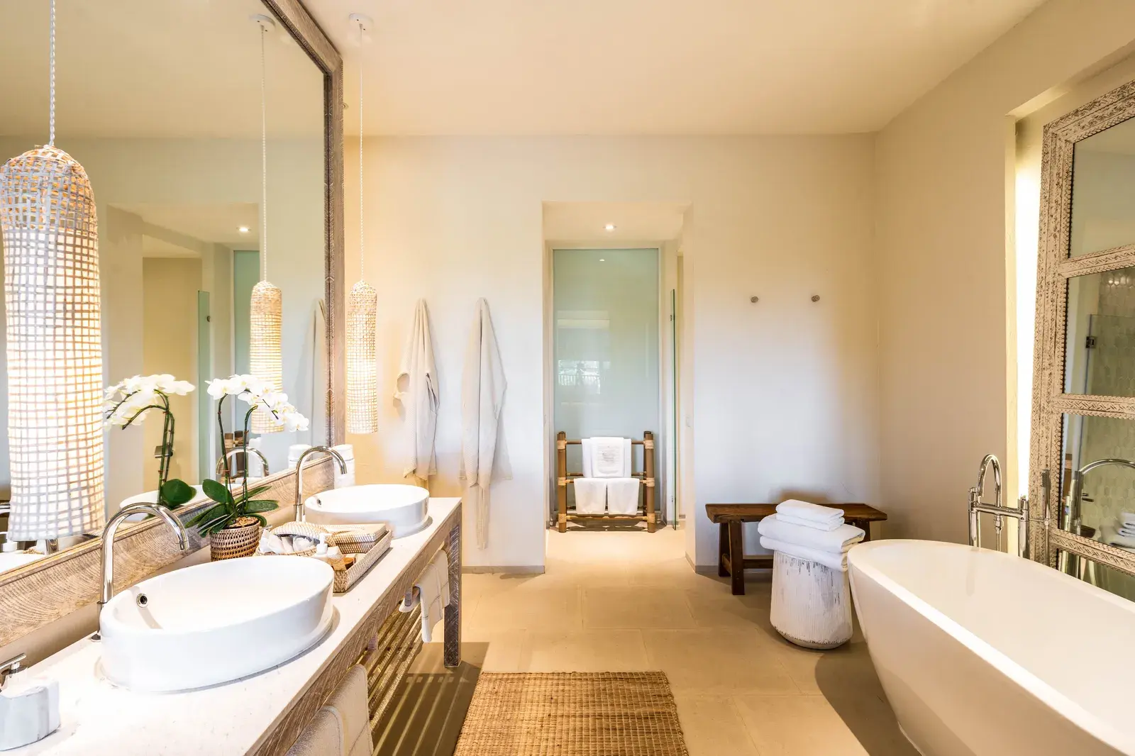 Spa-style bathroom with dual vessel sinks at Raya Heritage Chiang Mai