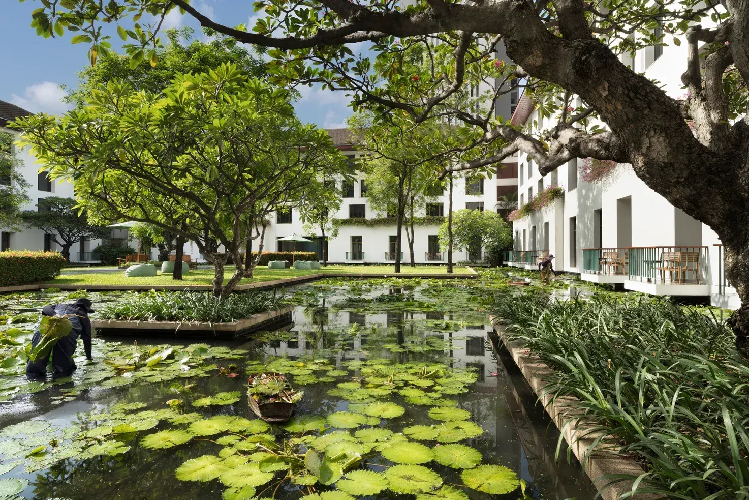 Reflecting lily ponds and colonnaded courtyard at The Sukhothai Bangkok