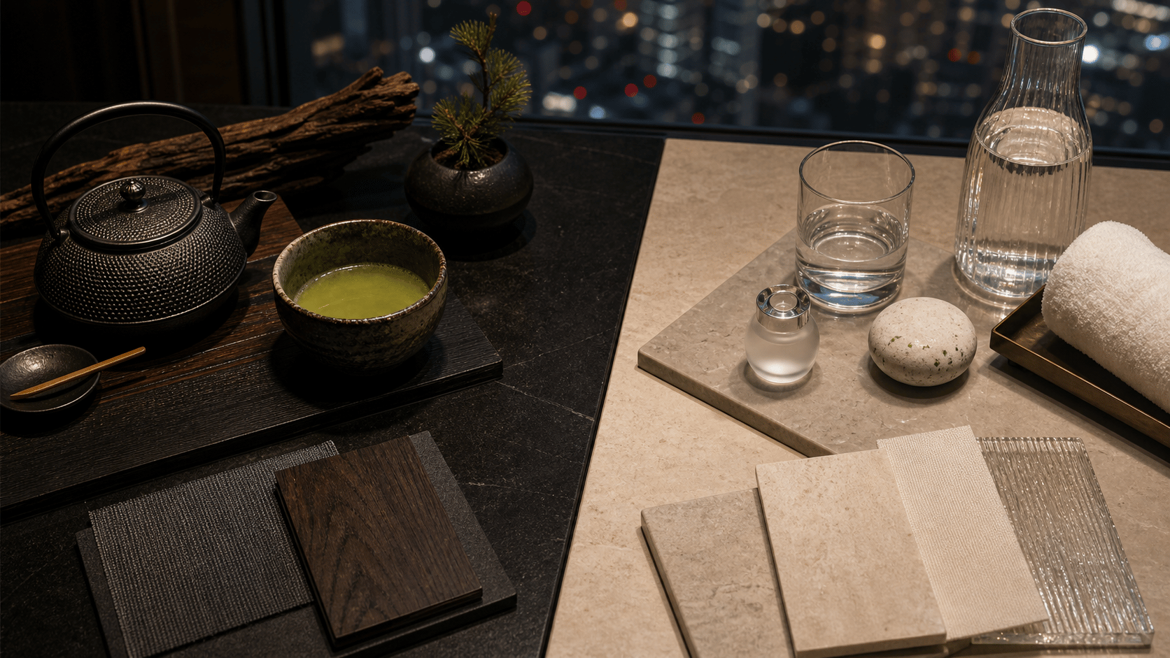 Aman Tokyo vs. Janu Tokyo shown as Tokyo hotel mood comparison material split for VIAIVE, with tea service, wellness glassware, black stone.