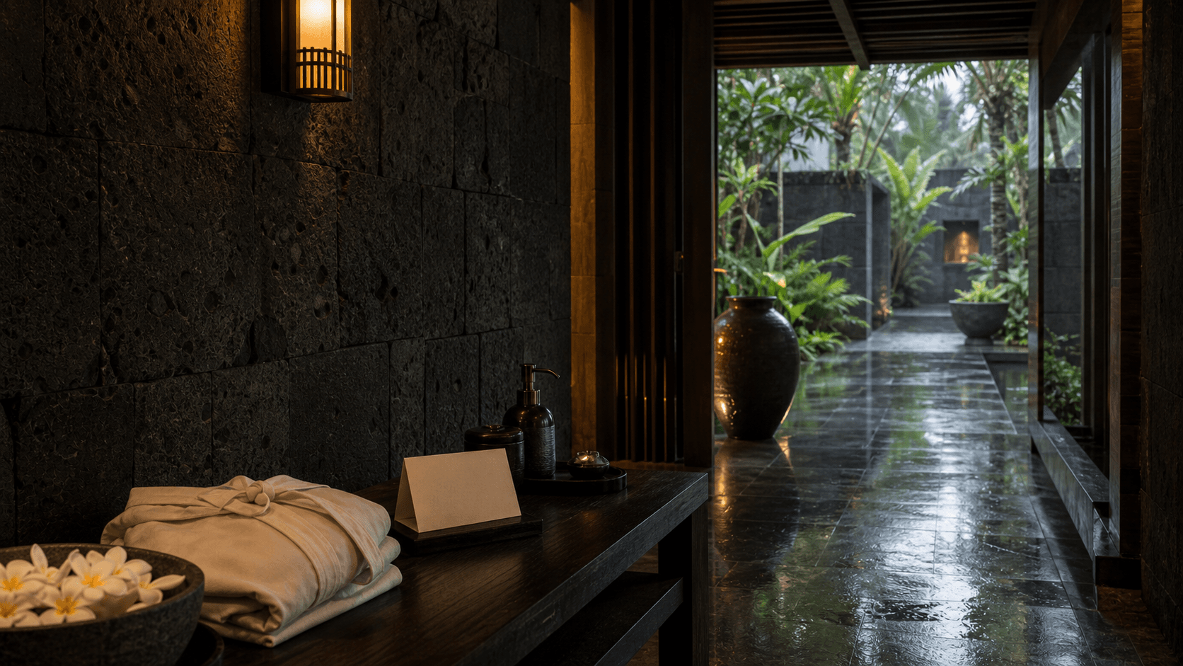 Bali, Indonesia shown as Bali volcanic-stone spa corridor for VIAIVE, with spa corridor, frangipani, linen robe.