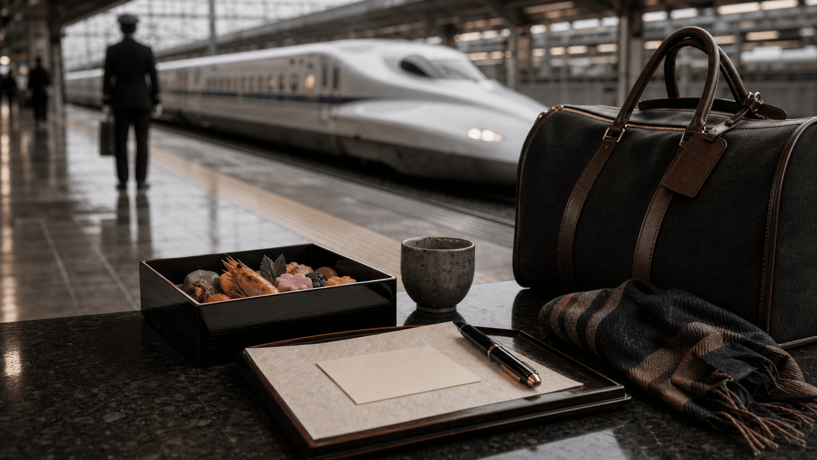 Japan, Japan shown as premium rail routing platform detail for VIAIVE, with lacquer bento, soft luggage, train silhouette.