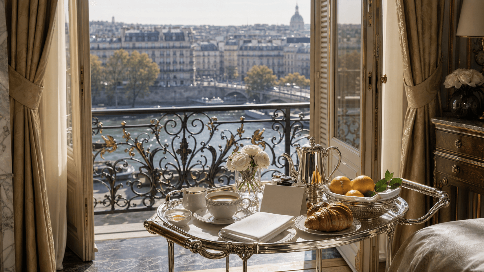 Paris, France shown as Paris palace breakfast trolley at balcony for VIAIVE, with silver trolley, pastry service, marble threshold.