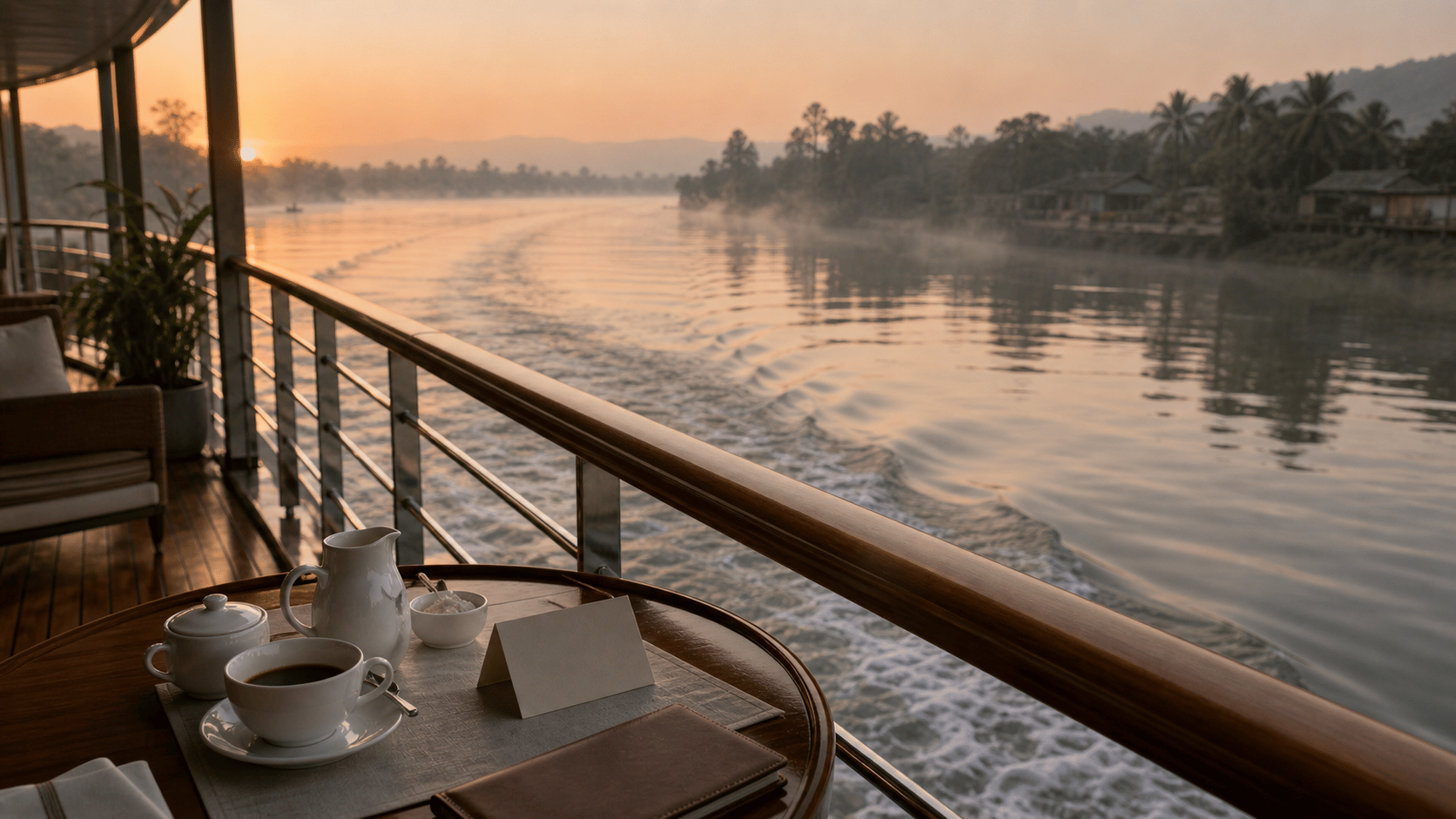 Viking Mekong River Cruise shown as Mekong vessel observation deck at dawn for VIAIVE, with polished rail, wake, white table service.