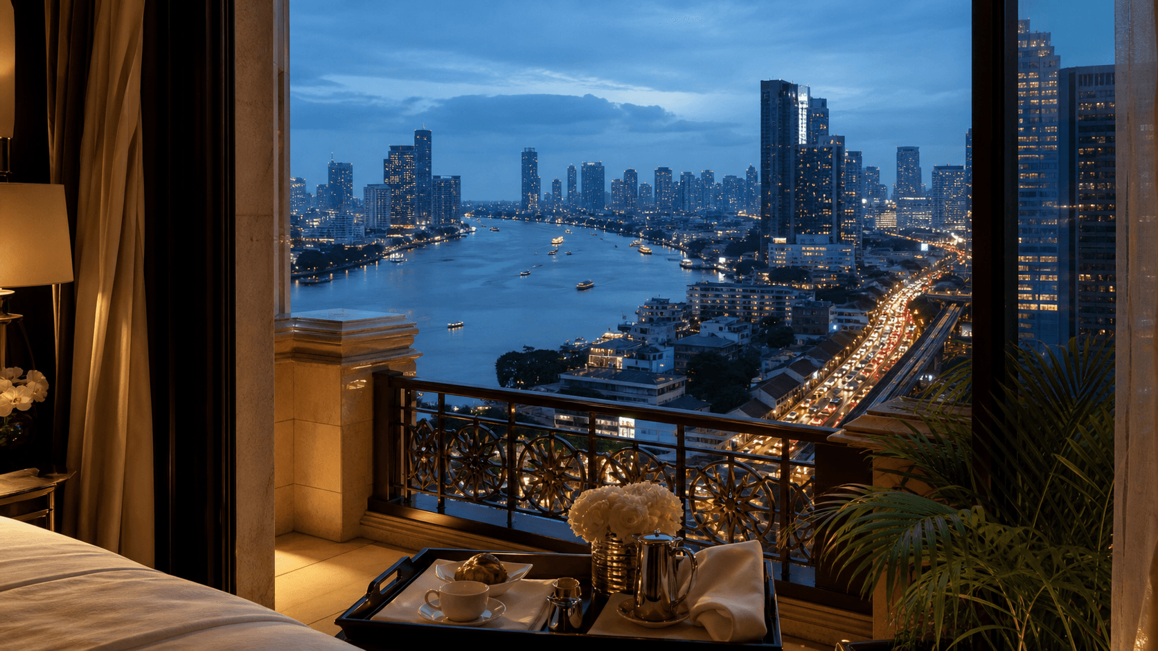 Bangkok riverside hotel window at dusk contrasting river calm with distant city movement.