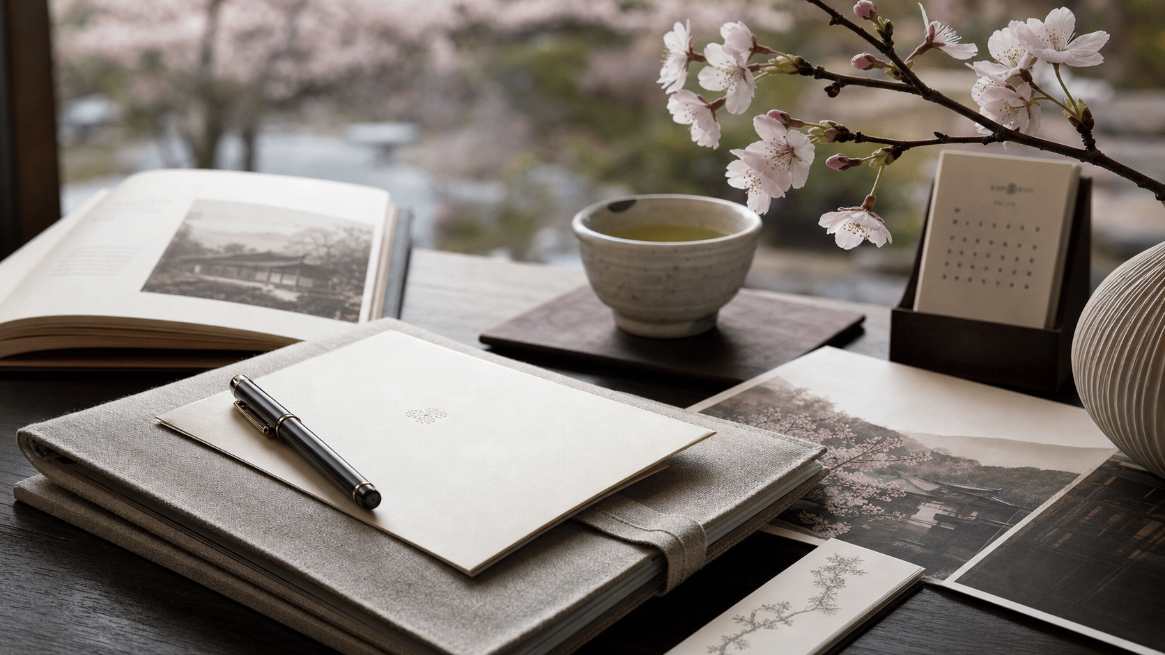 Lifelike Japan cherry blossom planning still life with linen itinerary folio, pale sakura branch, ceramic tea cup, and soft spring light.