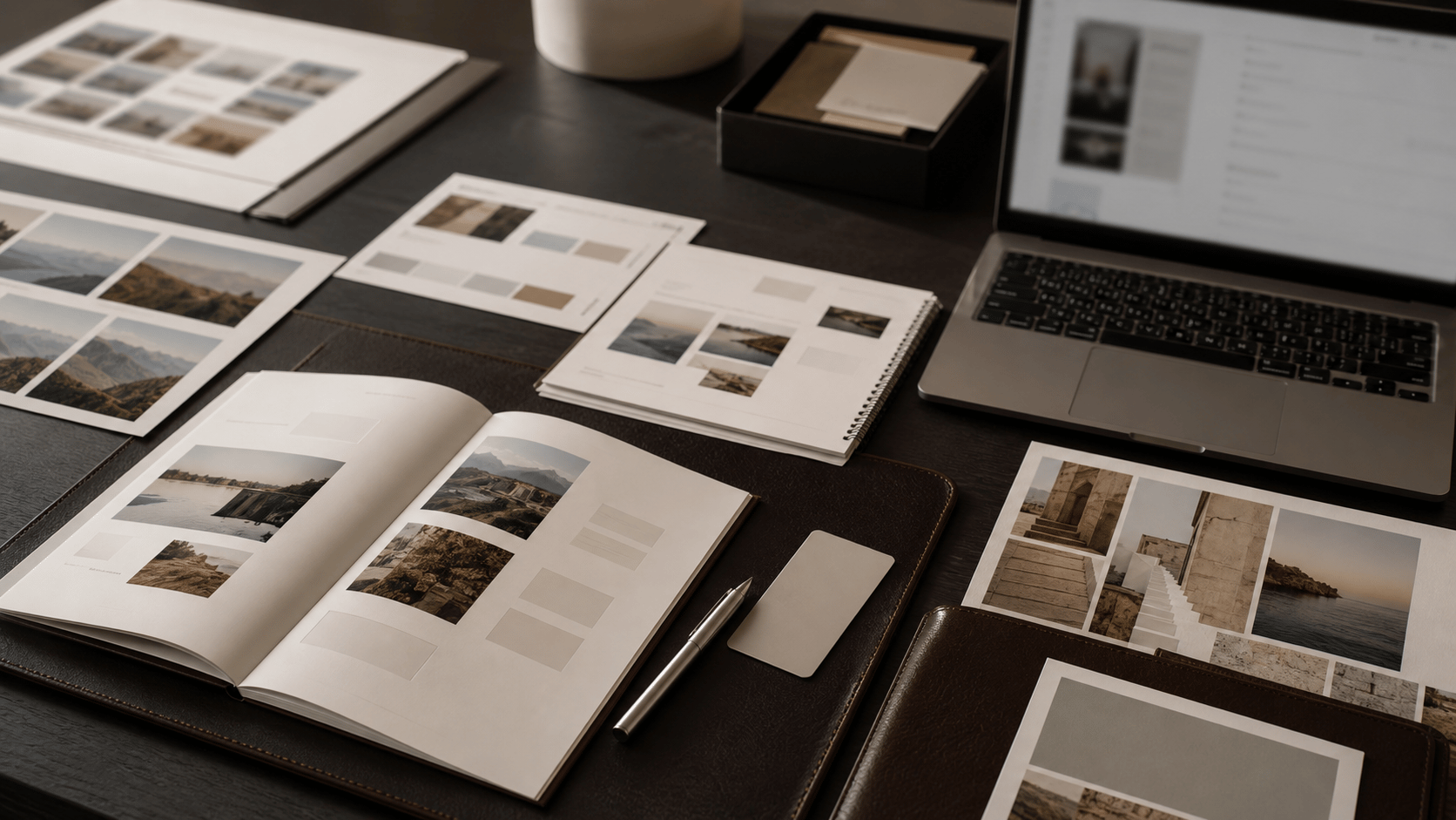 Lifelike editorial travel intelligence desk with destination contact sheets, hotel comparison materials, leather folio, silver pen, and blurred planning laptop for VIAIVE homepage.
