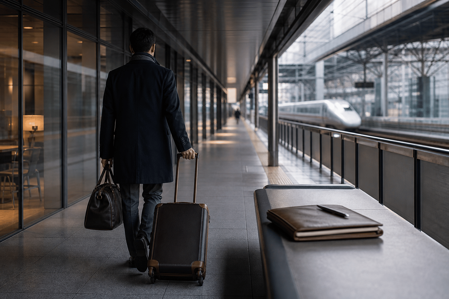 Lifelike calm Japanese rail itinerary scene with refined leather luggage, traveler from behind, clean station lines, and reserved-seat composure.