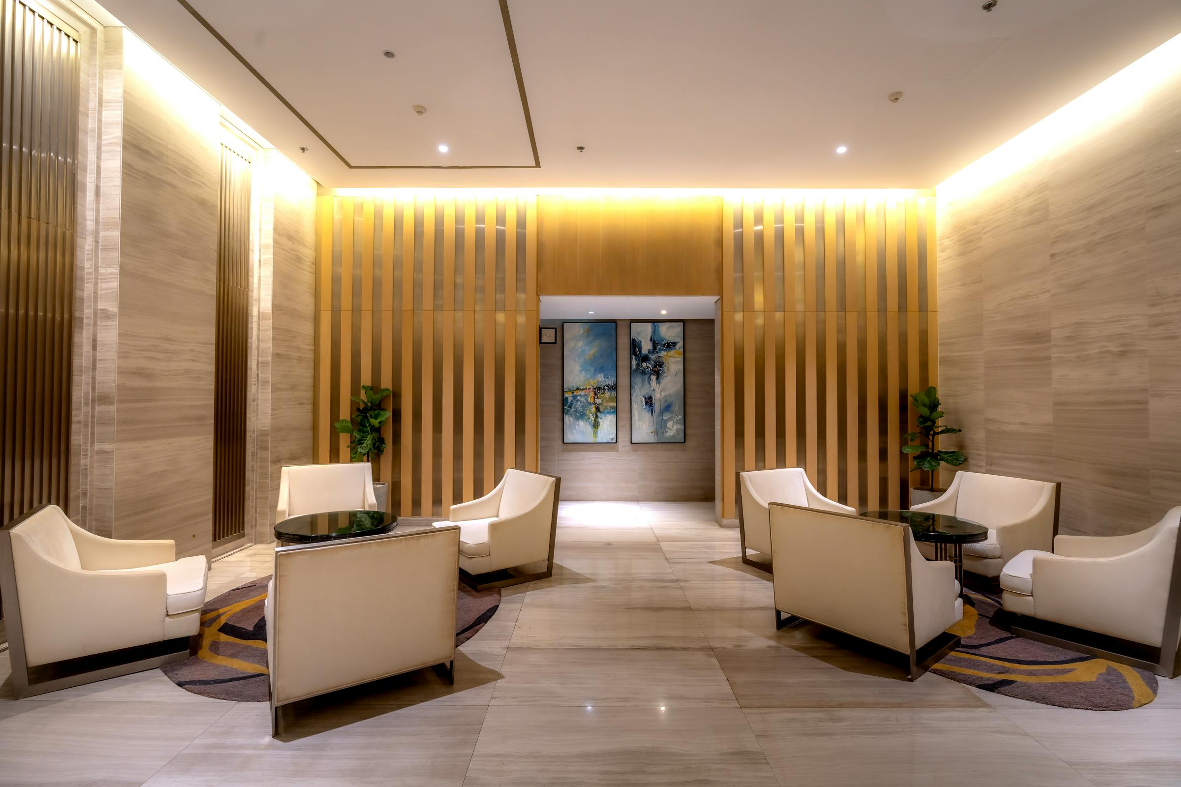 Private lounge interior with ambient lighting and contemporary seating