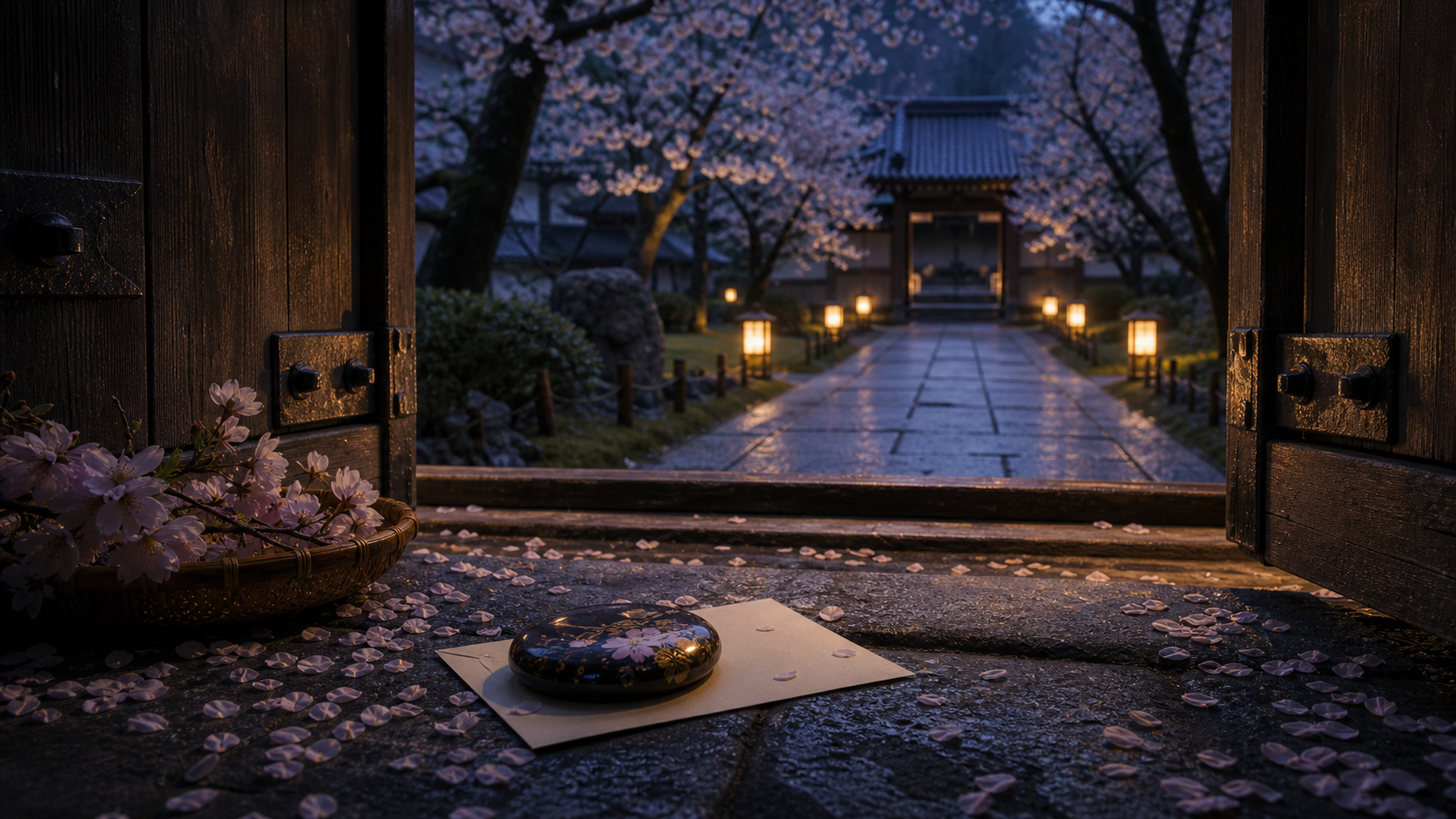 Cherry Blossom Lead Time shown as pre-dawn blossom garden gate scarcity for VIAIVE, with fallen petals, lacquer paperweight, lantern path.