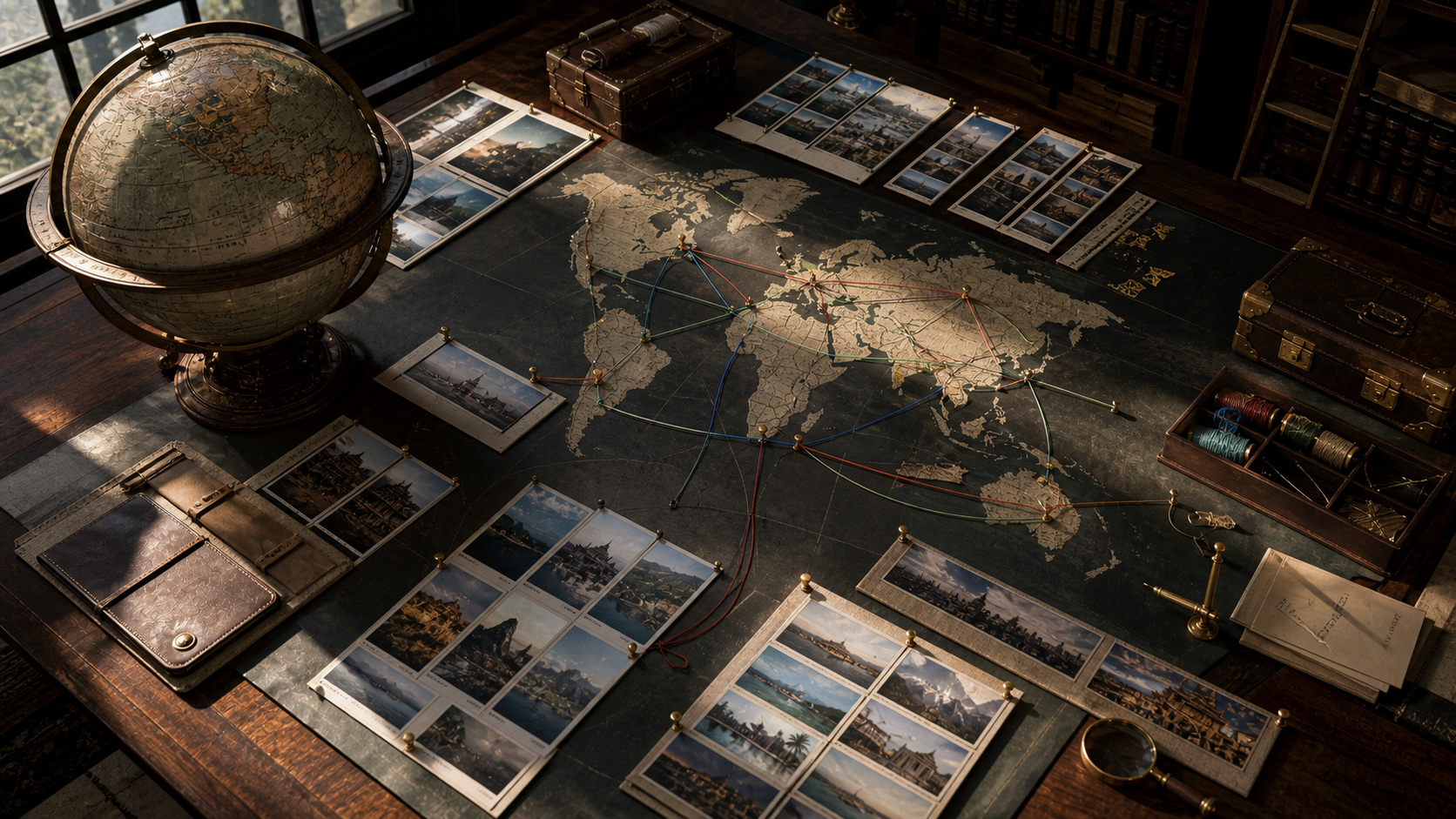 Destinations landing shown as archival map room with sculptural globe for VIAIVE, with antique globe, brass pins, walnut map table.
