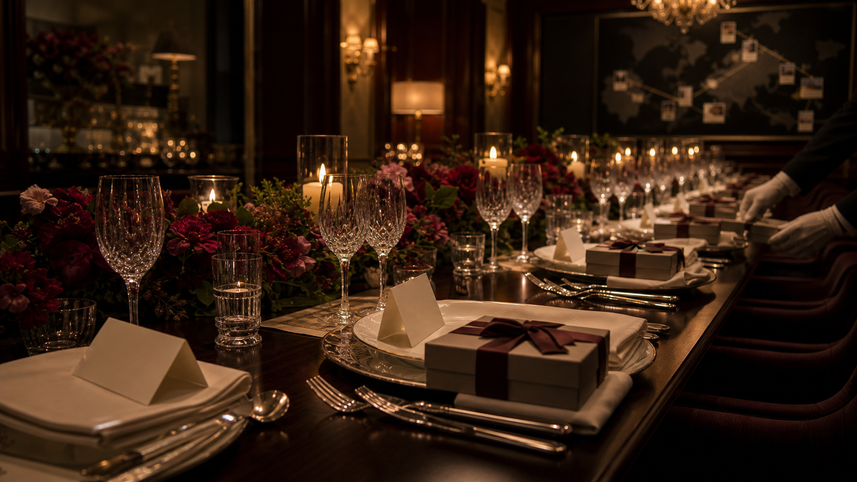 Group Travel & Celebrations shown as private dining room celebration staging for VIAIVE, with floral runner, crystal, blank place cards.
