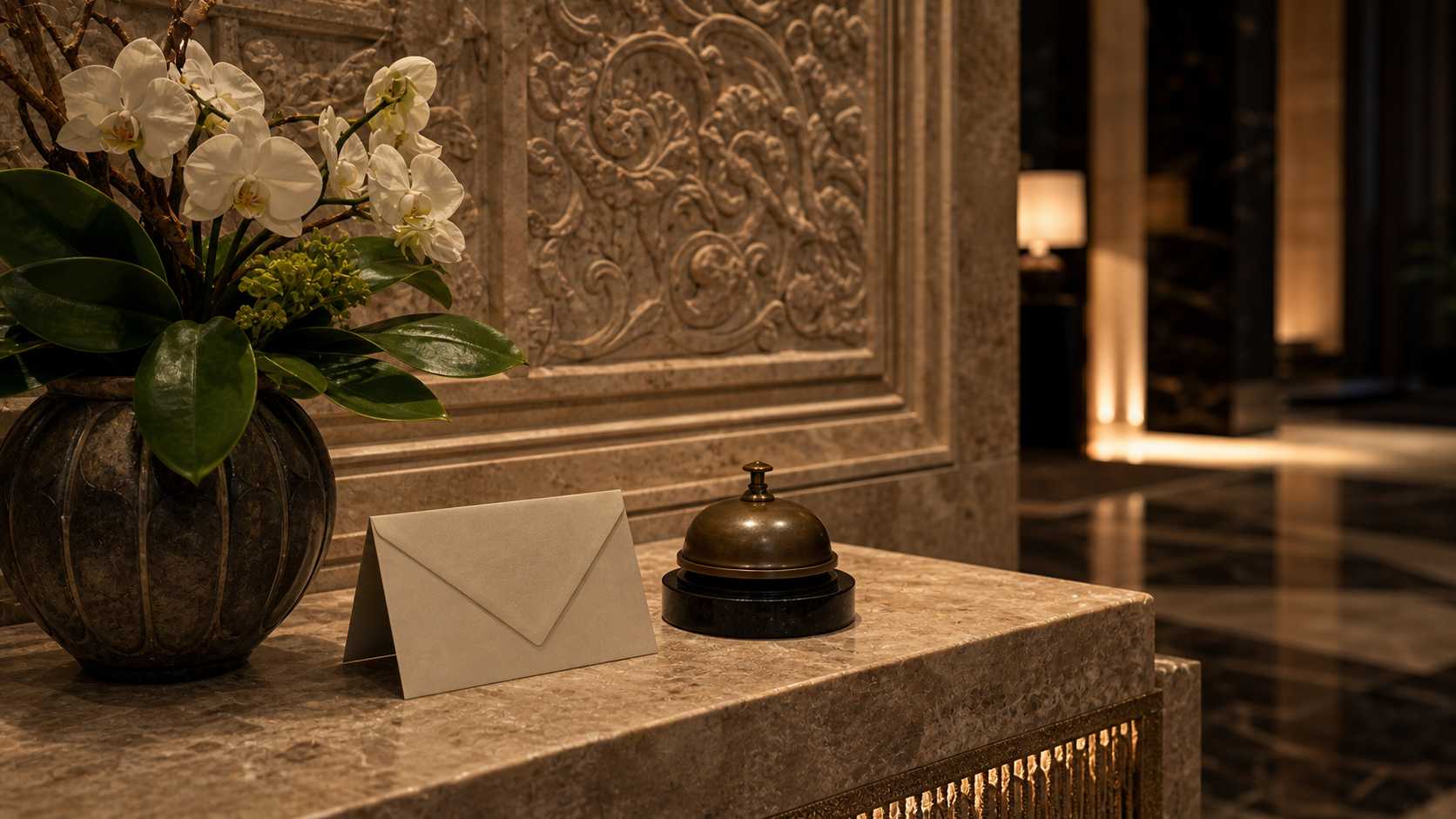 Hotels & Resorts shown as resort lobby material study for VIAIVE, with stone wall, bronze bell, flower arrangement.
