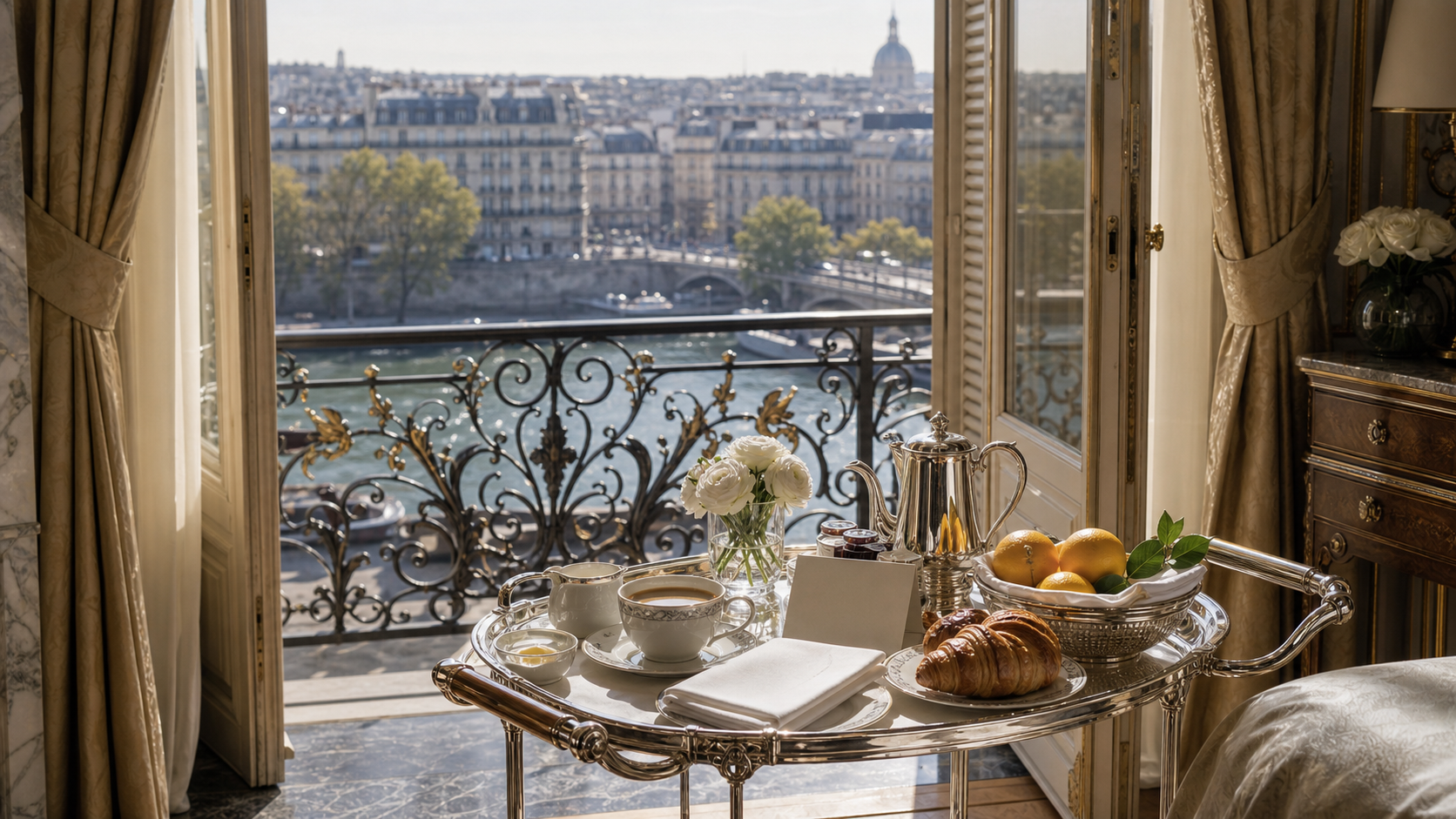Paris, France shown as Paris palace breakfast trolley at balcony for VIAIVE, with silver trolley, pastry service, marble threshold.