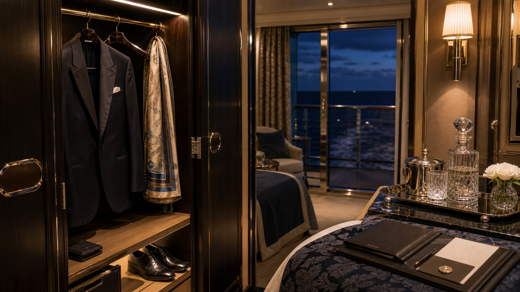 Silversea vs. Regent Seven Seas shown as ocean cruise suite wardrobe evening service for VIAIVE, with tailored wardrobe, balcony horizon, crystal glassware.