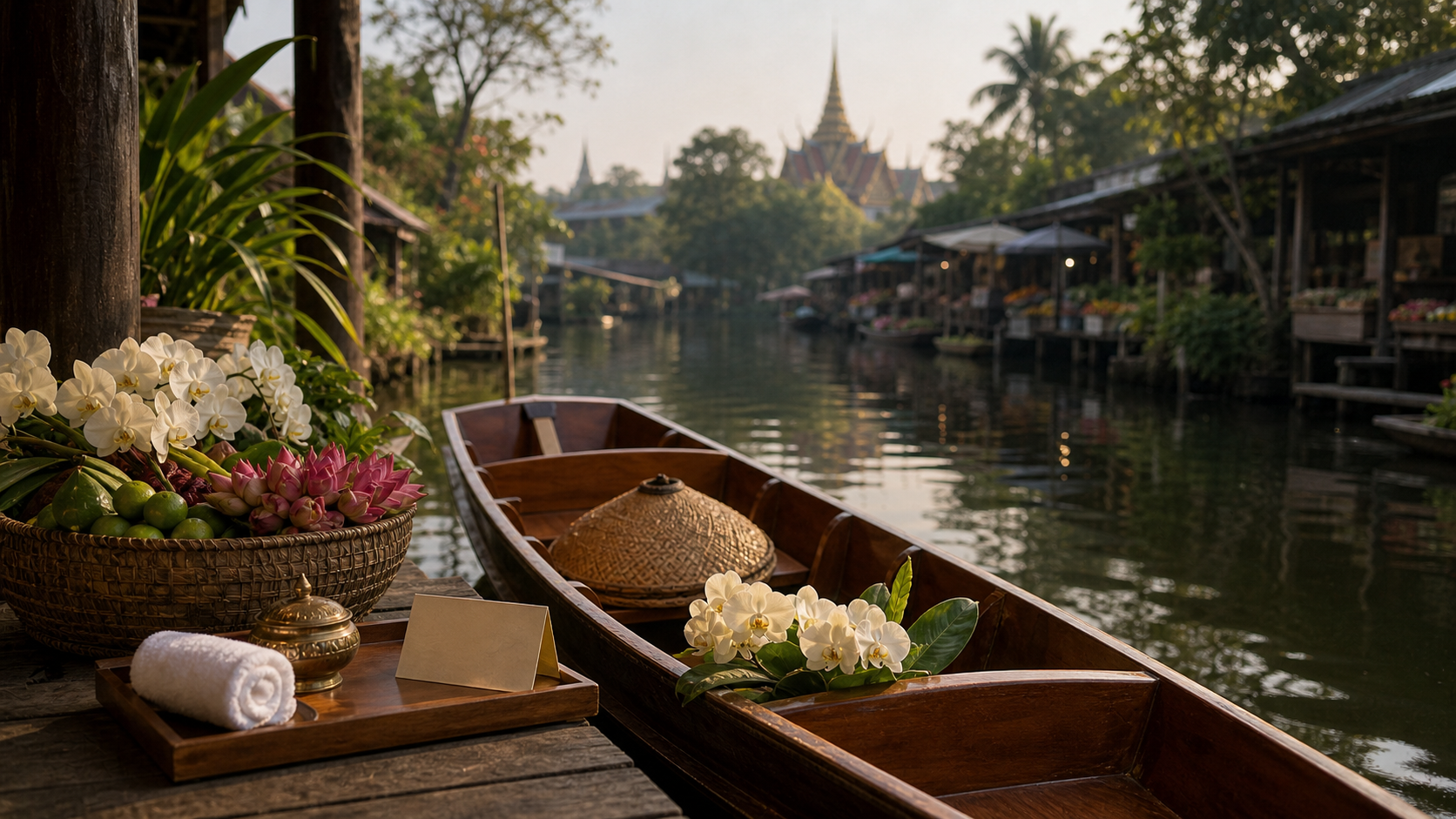 Thailand, Thailand shown as private canal landing market access for VIAIVE, with wooden boat, orchids, fruit, teak tray.