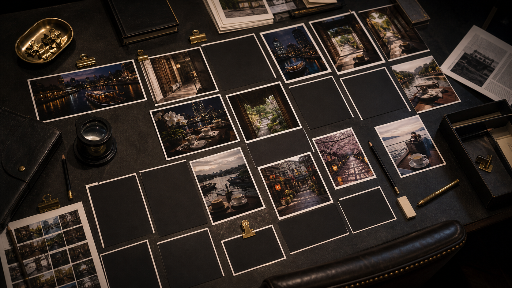 Field Intelligence journal index shown as black editorial flatplan proofing table for VIAIVE, with loupe, brass clips, photo prints.