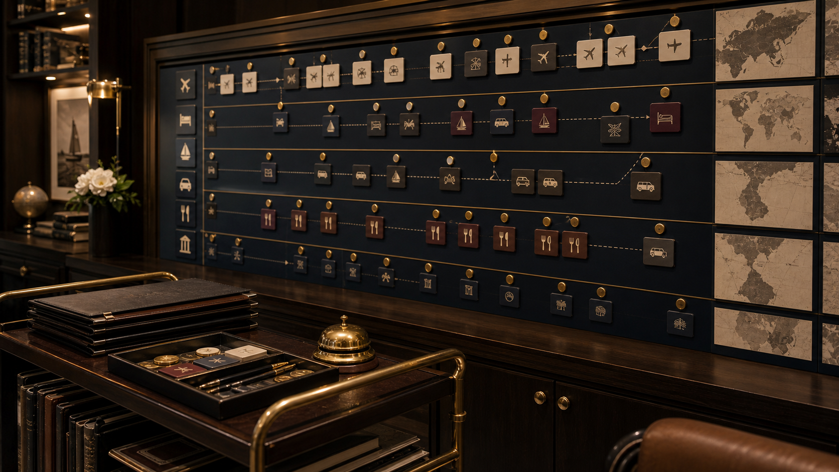 What We Arrange shown as multi-discipline private travel operations room for VIAIVE, with route tokens, leather folio cart, brass bell.