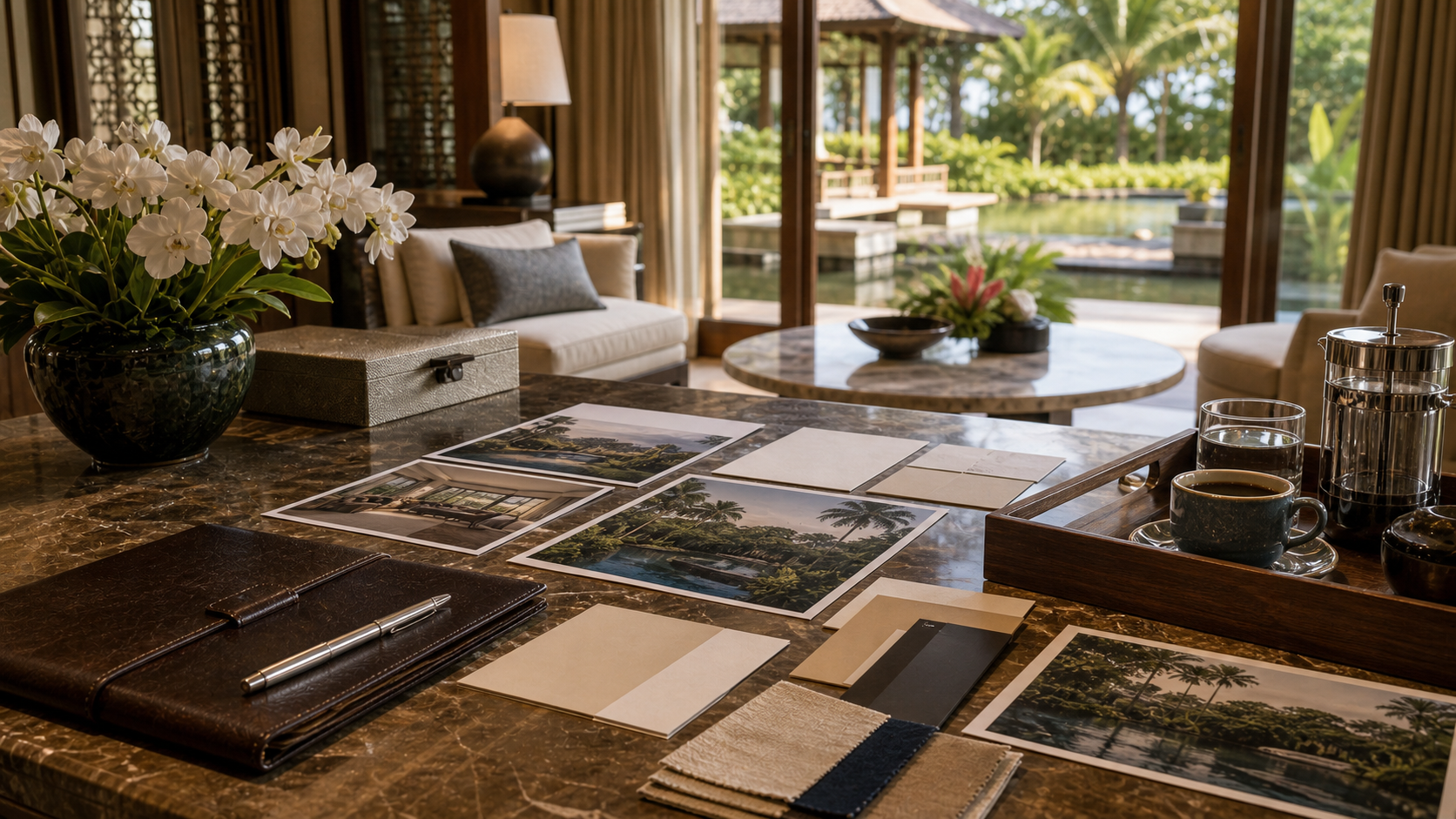 Luxury resort arrival detail — material study of stone, bronze, and flowers.
