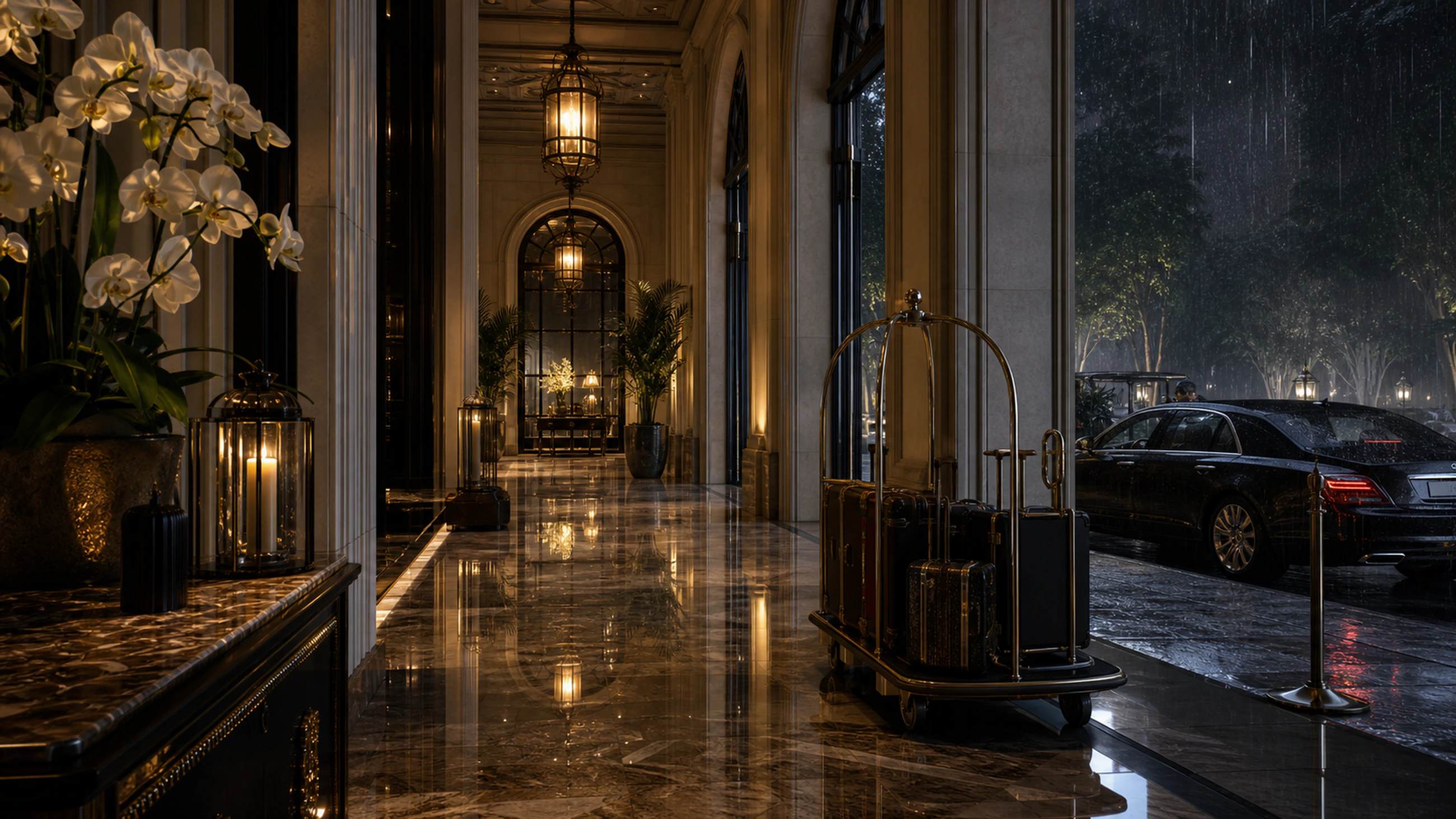 Worldwide, Global shown as an ultra-real rain-lit luxury hotel arrival with concierge, luggage, and discreet lobby glow.