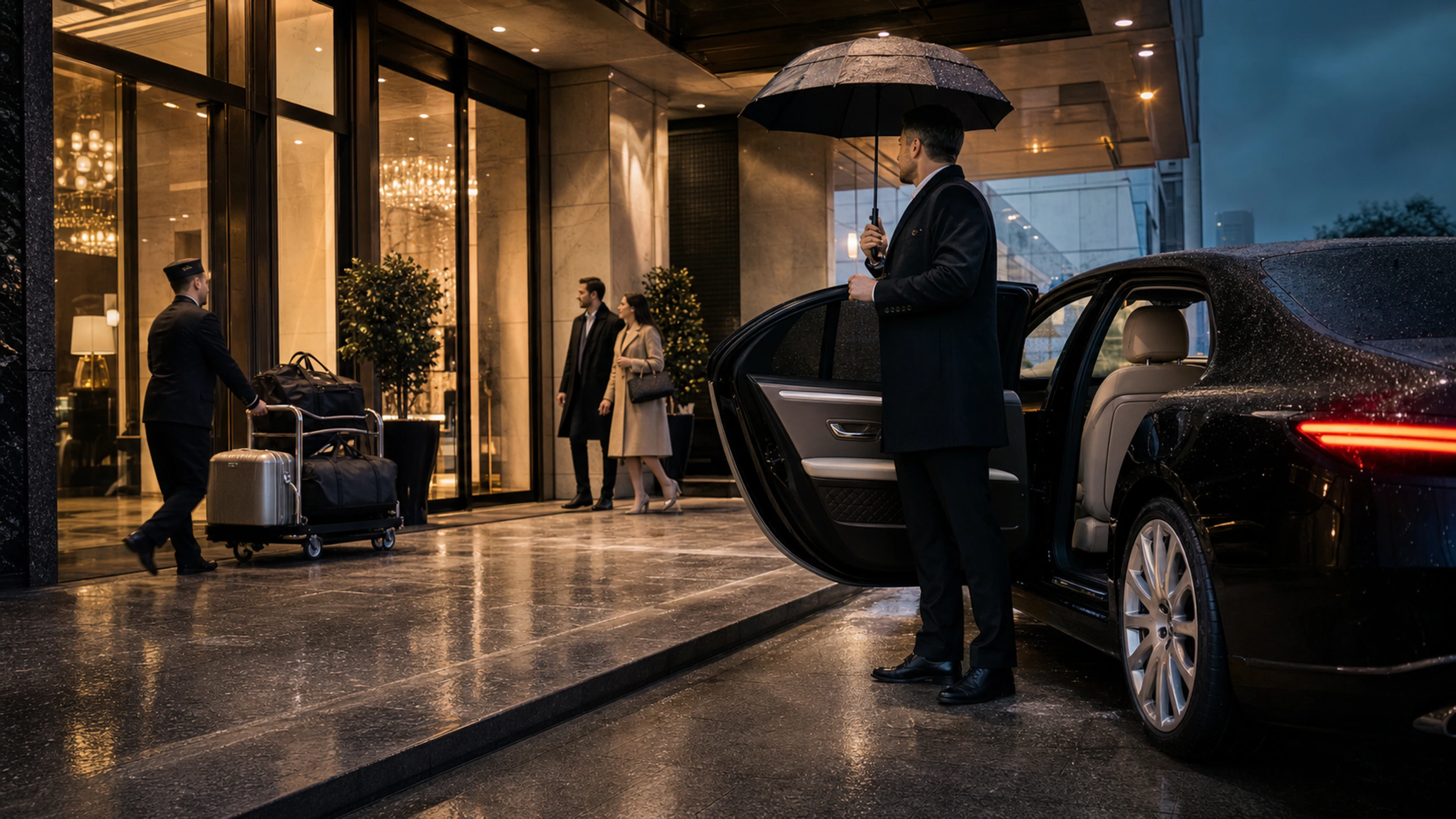 Rainy hotel porte-cochere with concierge umbrella, luggage, and a protected private arrival.